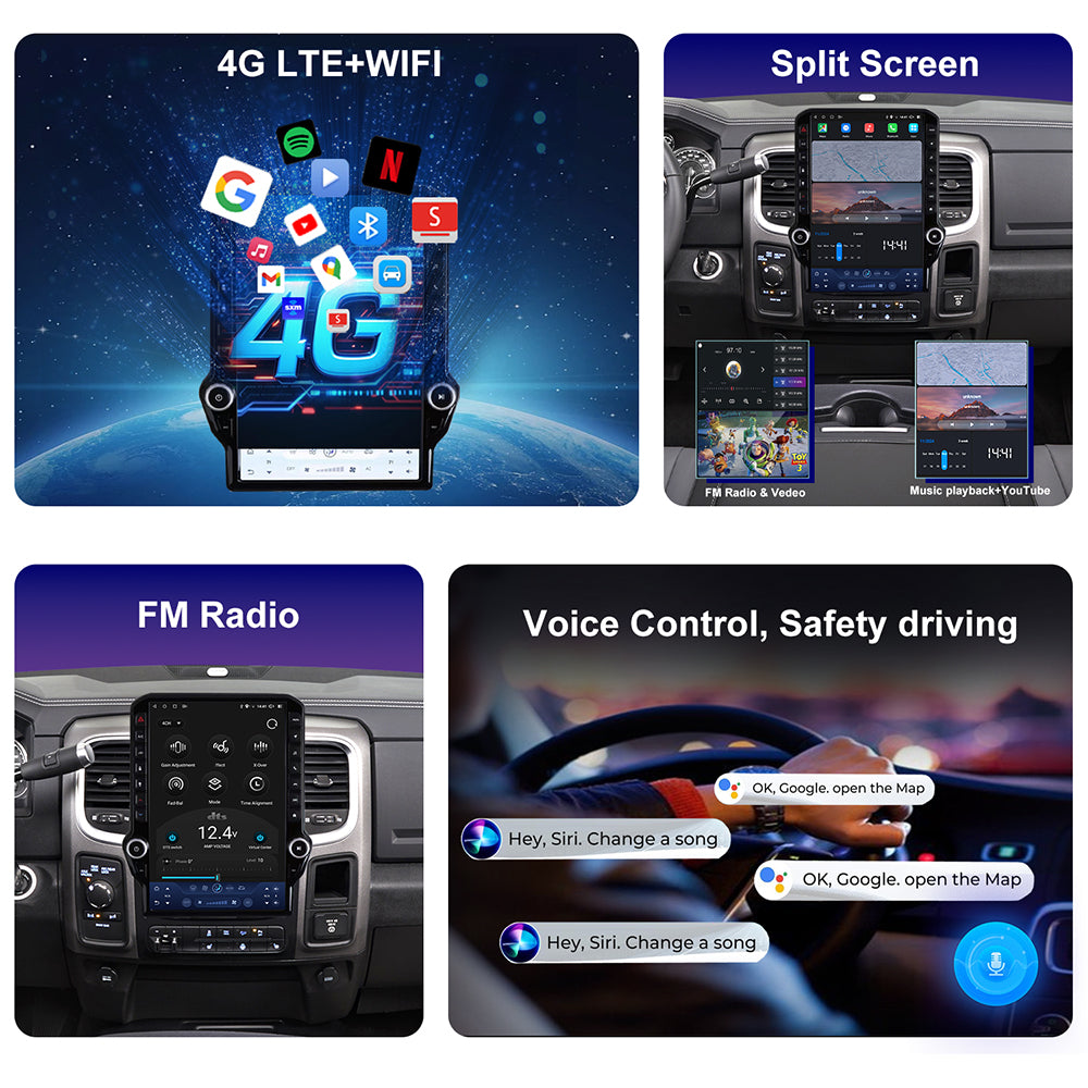 For Dodge RAM 1500/2500/3500 2013-2018 Radio upgrade,14.5-inch QLED Qualcomm 8-Core CPU,touch screen Stereo,Wireless CarPlay & Android Auto,keep OEM Controls