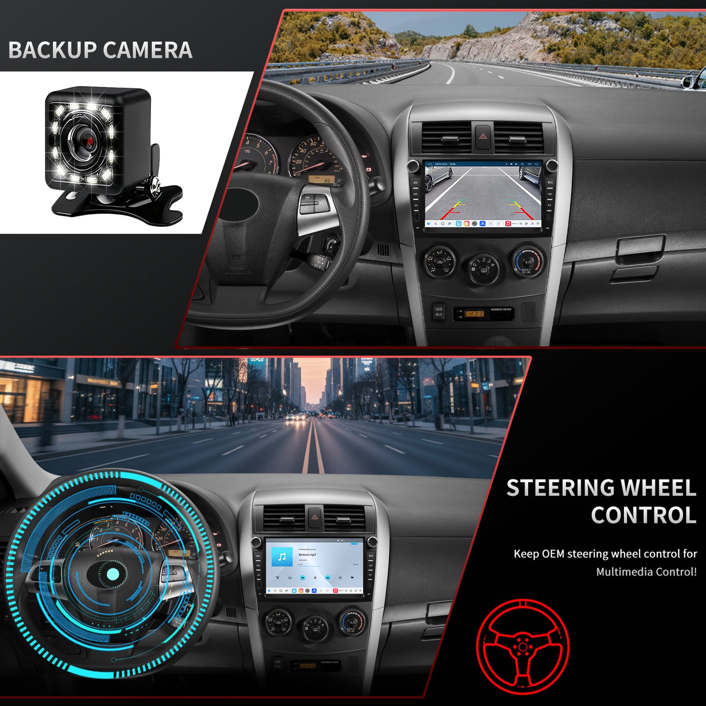 For Toyota Corolla 2009-2013 Radio Upgrade, 9-inch QLED 8-Core CPU, Touch Screen Stereo,Wireless CarPlay & Android Auto,Free backup camera, keep OEM Controls