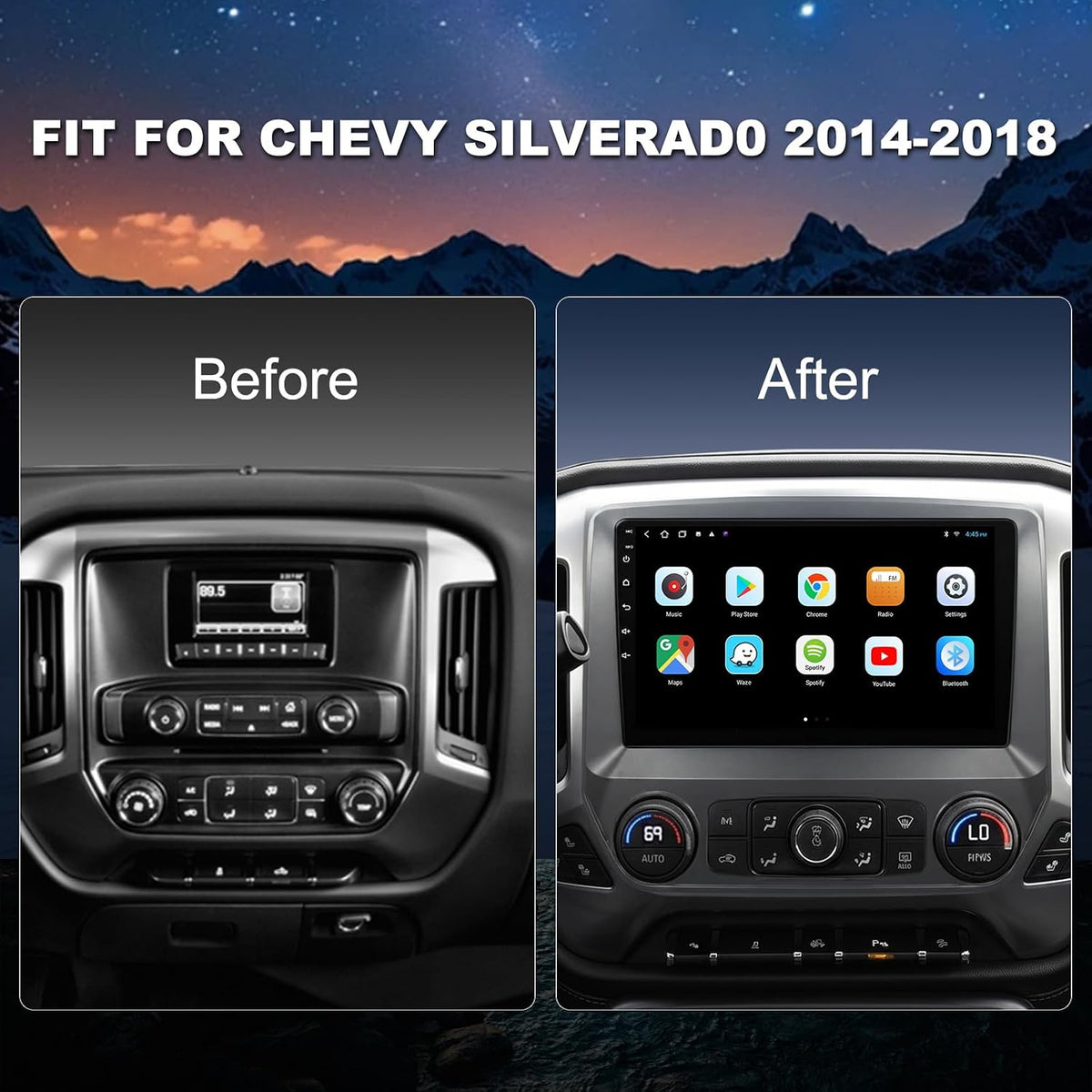 For Chevrolet Chevy Silverado 2014-2018 Radio upgrade, 10.2-inch QLED 8-Core CPU, touch screen Stereo,Wireless CarPlay & Android Auto, Non-Bose sound system
