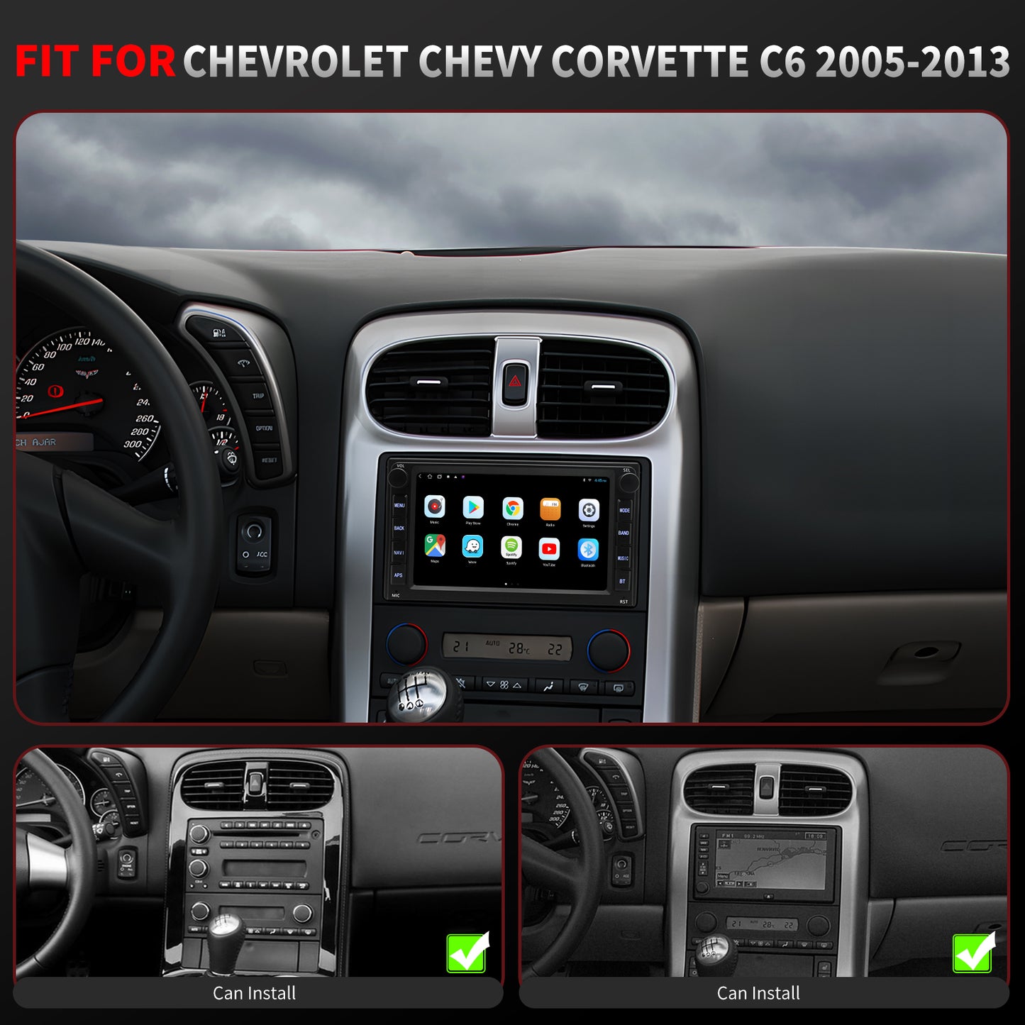 Chevy Corvette Radio upgrade 2005-2013 CarPlay Stereo Screen-Topdisplay 2005 2006 2007 2008 2009 2010 2011 2012 2013 Chevrolet Replacement Headunit Apple Android Auto Accessories Pantalla Estéreo