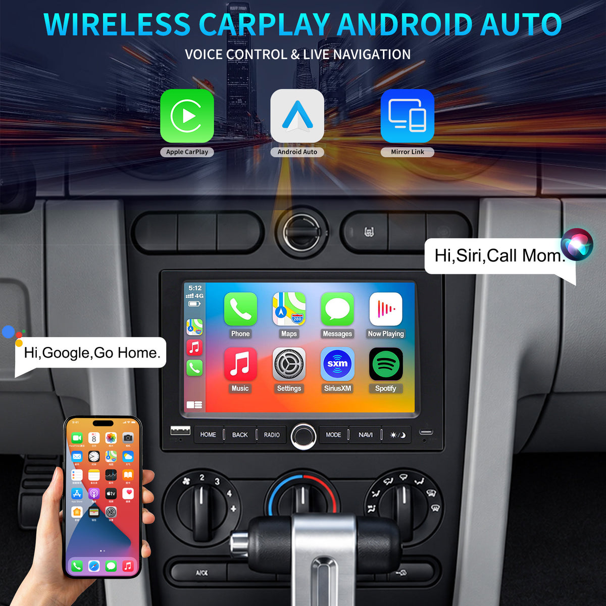 For Ford Mustang 2005-2009 Radio upgrade with Knob, 7-inch QLED 8-Core CPU, touch screen Stereo, Wireless CarPlay & Android Auto,keep OEM Controls, Free backup camera included