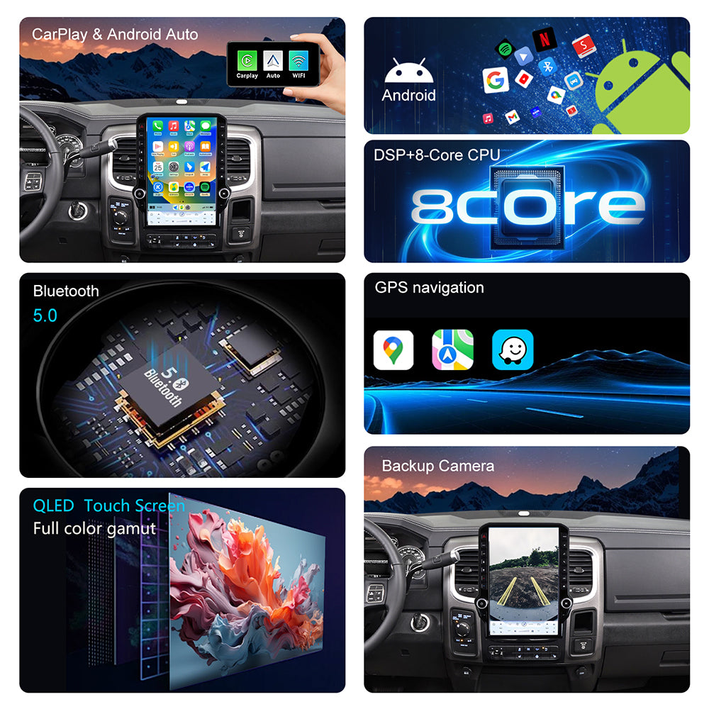 Dodge RAM 1500/2500/3500 Radio upgrade 2013-2018 CarPlay Stereo Screen-Topdisplay 2013 2014 2015 2016 2017 2018 Replacement Headunit Apple Android Auto Accessories Pantalla Estéreo