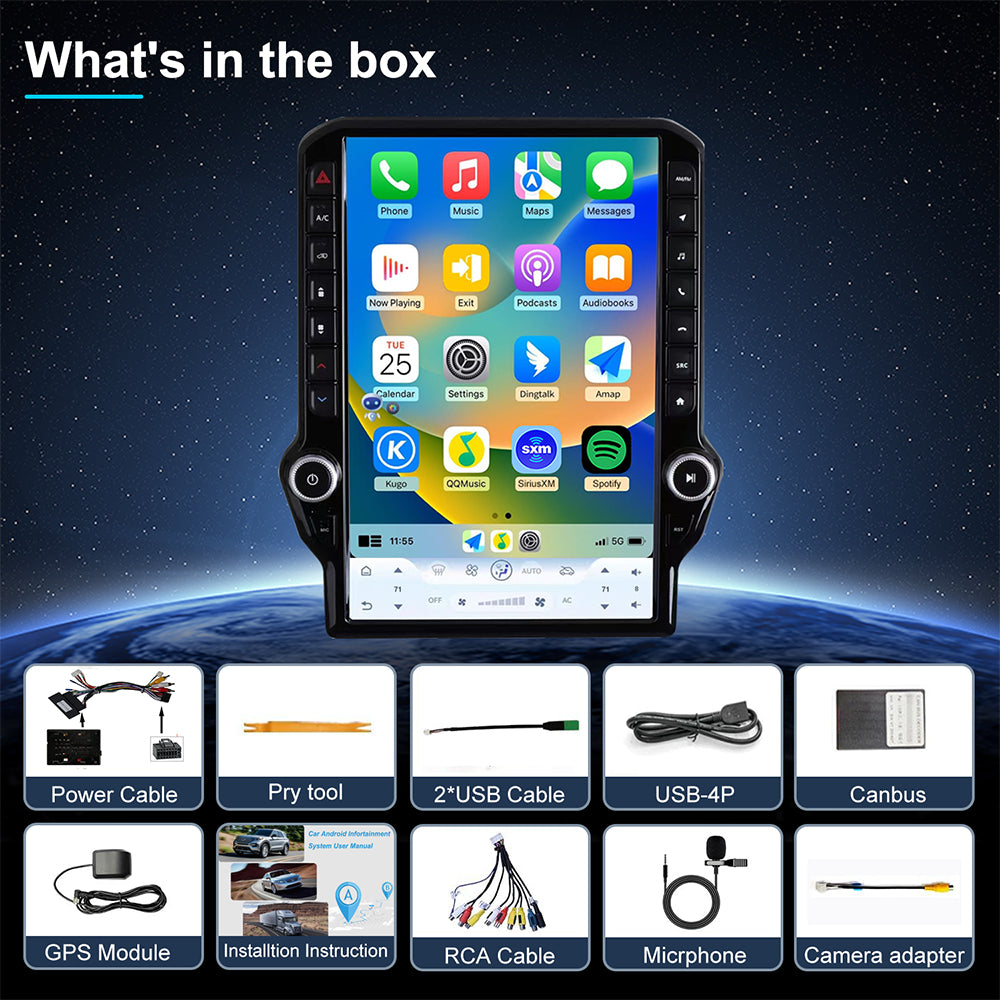 Dodge RAM 1500/2500/3500 Radio upgrade 2013-2018 CarPlay Stereo Screen-Topdisplay 2013 2014 2015 2016 2017 2018 Replacement Headunit Apple Android Auto Accessories Pantalla Estéreo