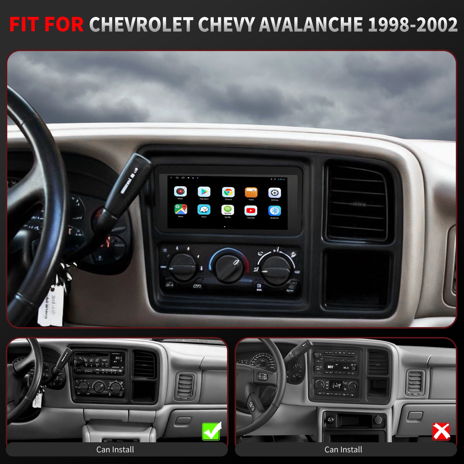Chevy Avalanche Radio upgrade 1998-2002 CarPlay Stereo Screen-Topdisplay 1998 1999 2000 2001 2002 Chevrolet