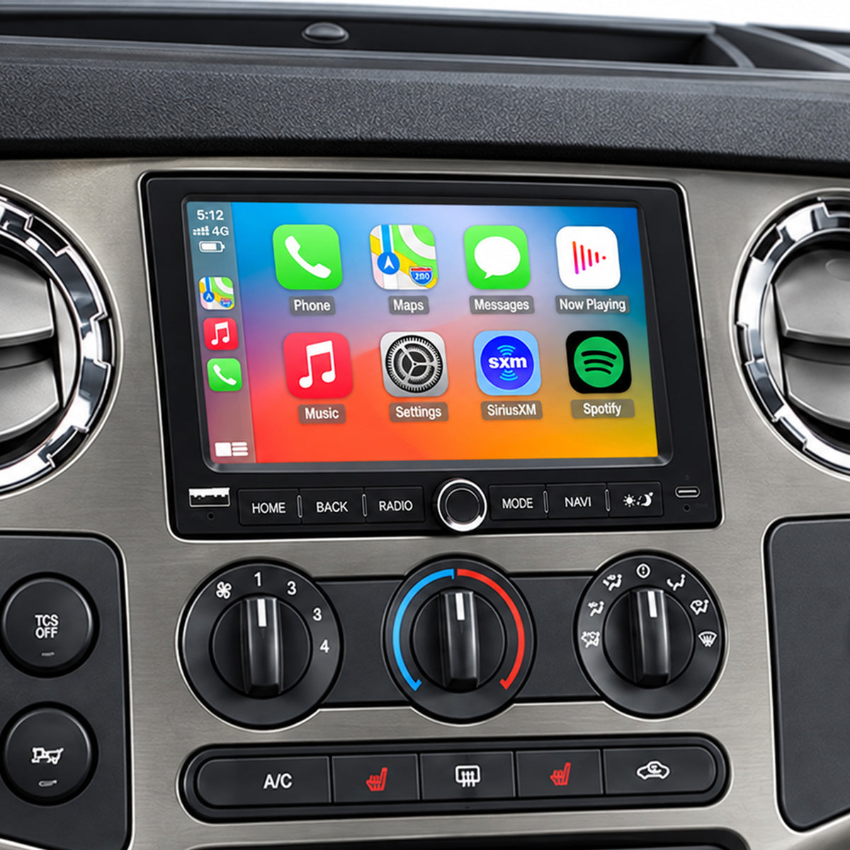 Ford F350 2005-2012 touch screen car stereo installed in dashboard with Apple CarPlay displayed