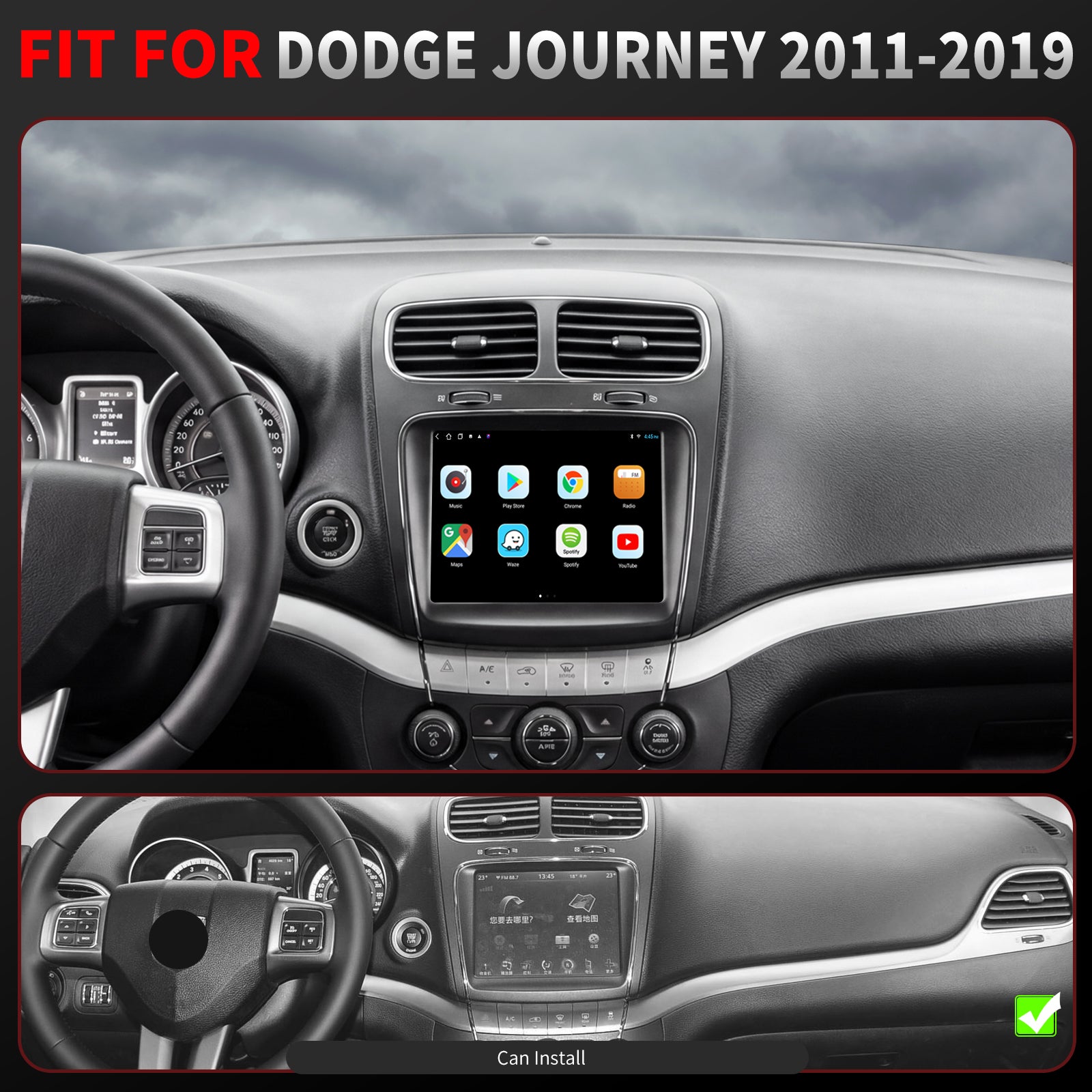 Dodge Journey Radio upgrade 2011-2019 CarPlay Stereo Screen-Topdisplay 2011 2012 2013 2014 2015 2016 2017 2018 2019 Replacement Headunit Apple Android Auto Accessories Pantalla Estéreo