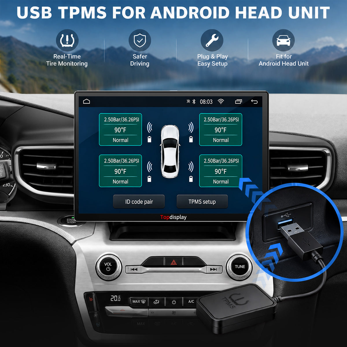 Topdisplay TM2 TPMS Set of 4 Sensors, Tire Pressure Display via Built-in Head Unit App, Restore Factory-Style Monitoring