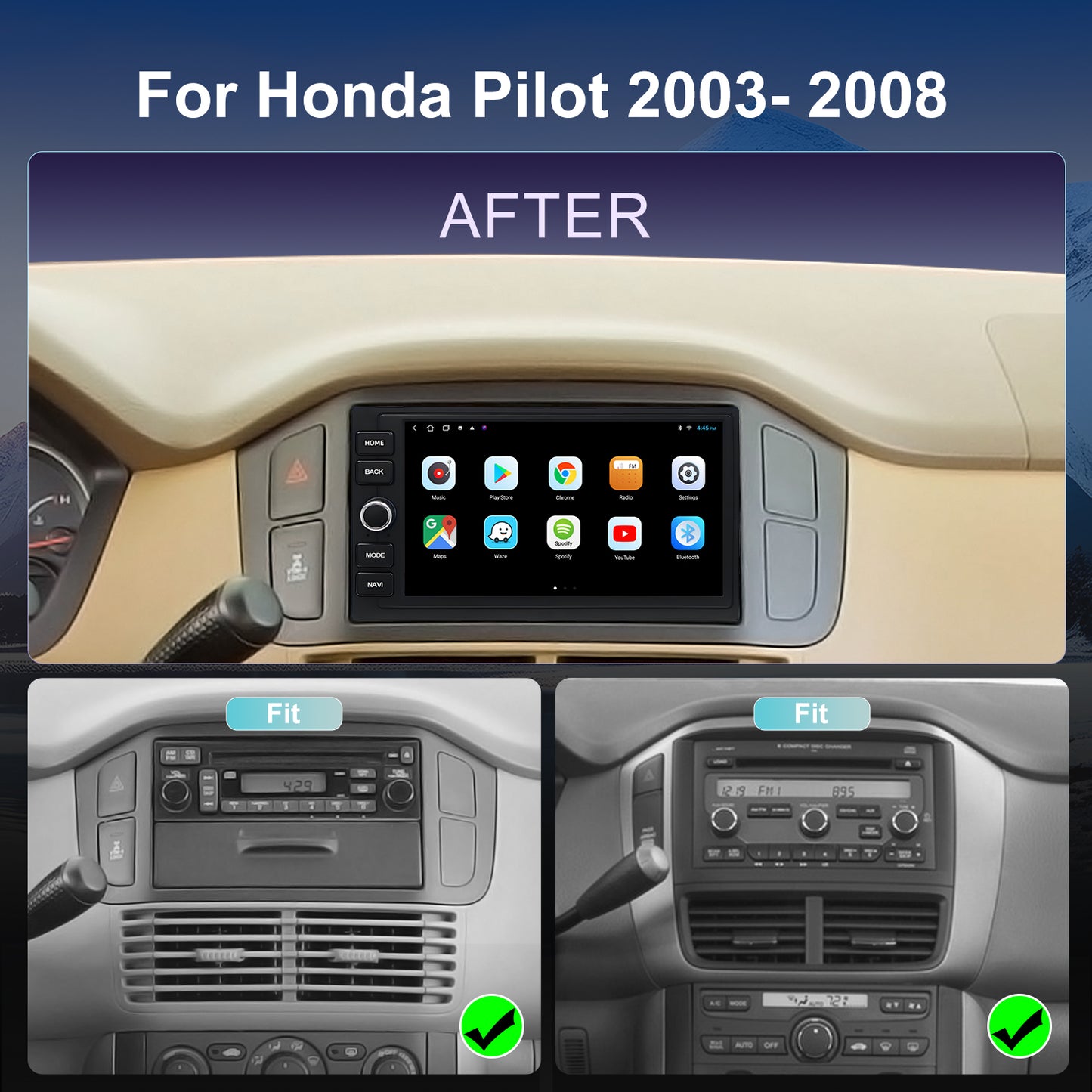 Honda Pilot Radio upgrade 2003-2008 CarPlay Stereo Screen-Topdisplay 2003 2004 2005 2006 2007 2008 Replacement Headunit Apple Android Auto Accessories Pantalla Estéreo 
