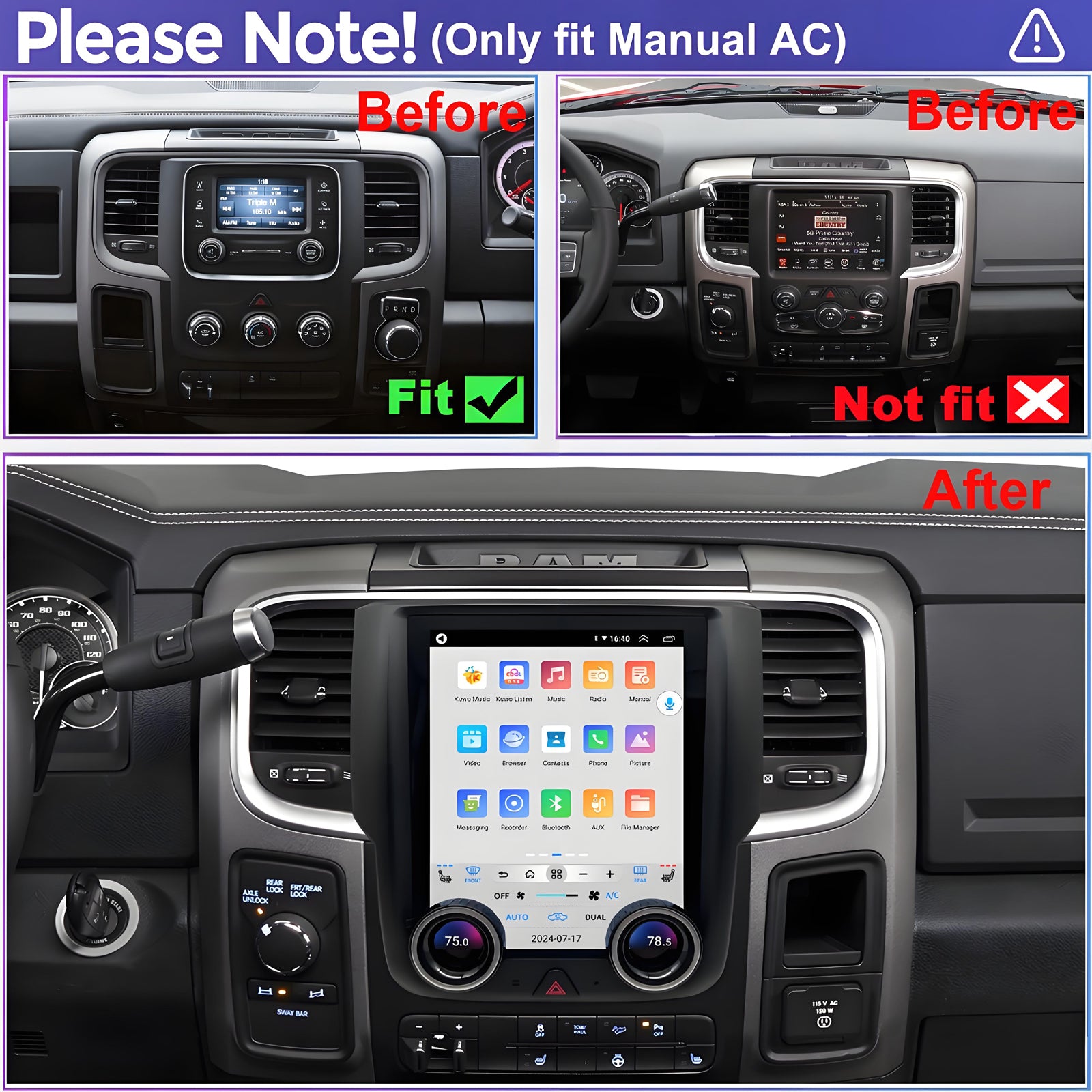 Dodge RAM 1500/2500/3500 Radio upgrade 2013-2018 CarPlay Stereo Screen - Topdisplay 2013 2014 2015 2016 2017 2018 Replacement Headunit Apple Android Auto Accessories Pantalla Estéreo