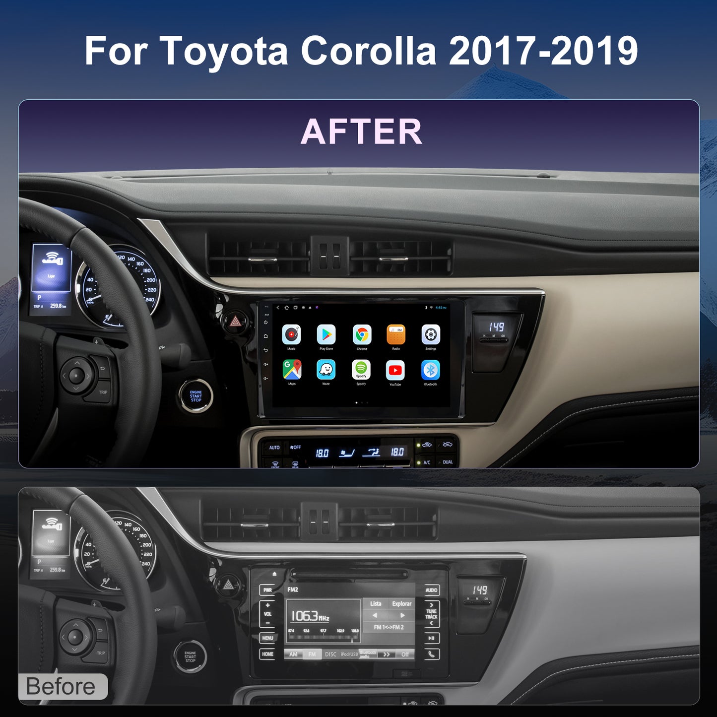 For Toyota Corolla 2017-2019 Radio upgrade,9-inch QLED 8-Core CPU,touch screen Stereo,Wireless CarPlay & Android Auto,keep OEM Controls