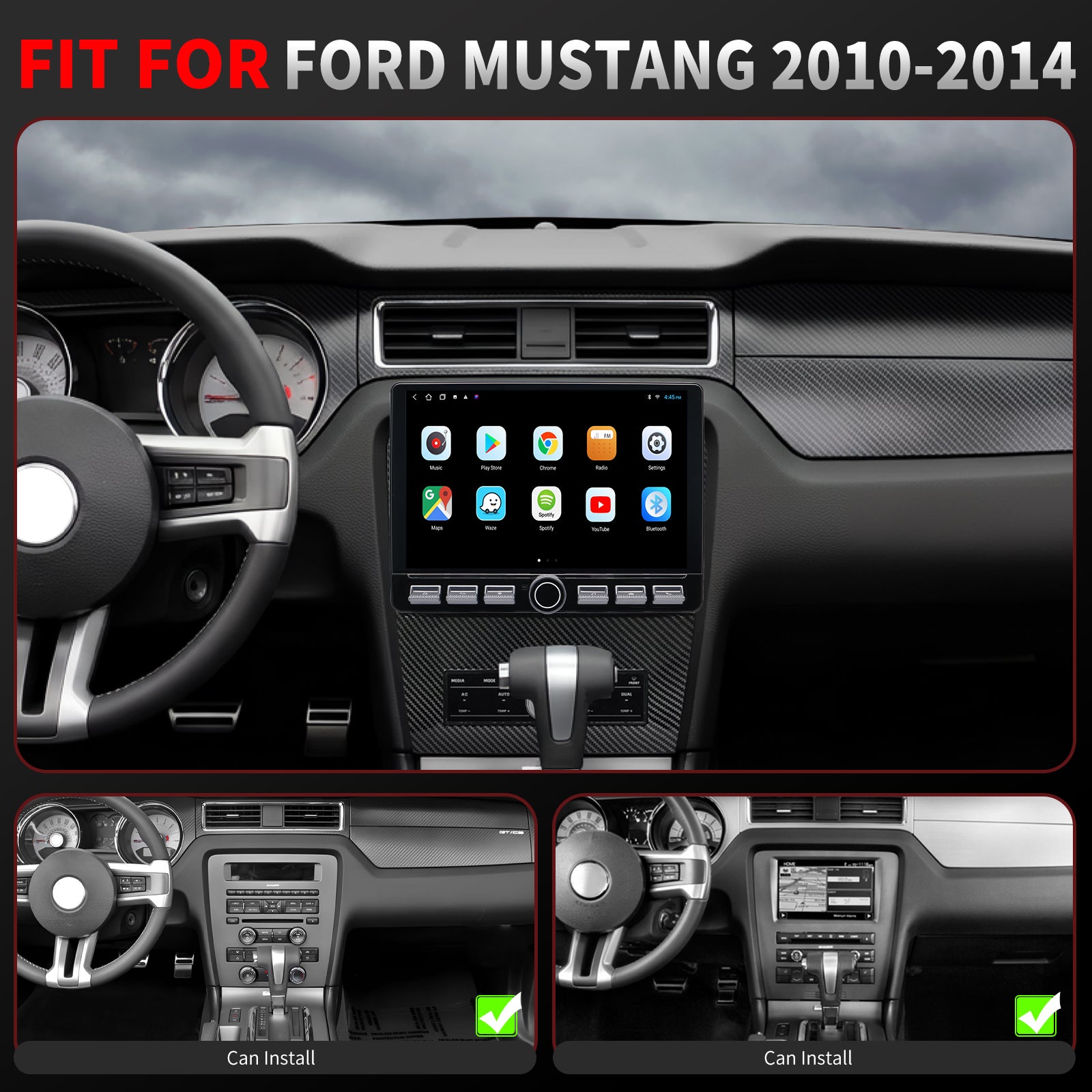 Ford Mustang Stereo replacement 2010-2014 CarPlay Radio Screen-Topdisplay 2010 2011 2012 2013 2014 Mustang Upgrade Headunit Apple Carplay Android Auto Accessories Pantalla Estéreo
