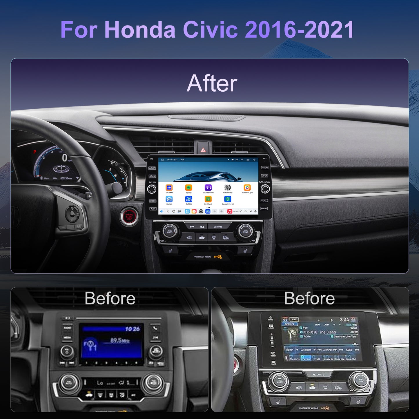 Honda Civic Radio upgrade 2016-2021 CarPlay Stereo Screen - Topdisplay 2016 2017 2018 2019 2020 2021 Replacement Headunit Apple Android Auto Accessories Pantalla Estéreo