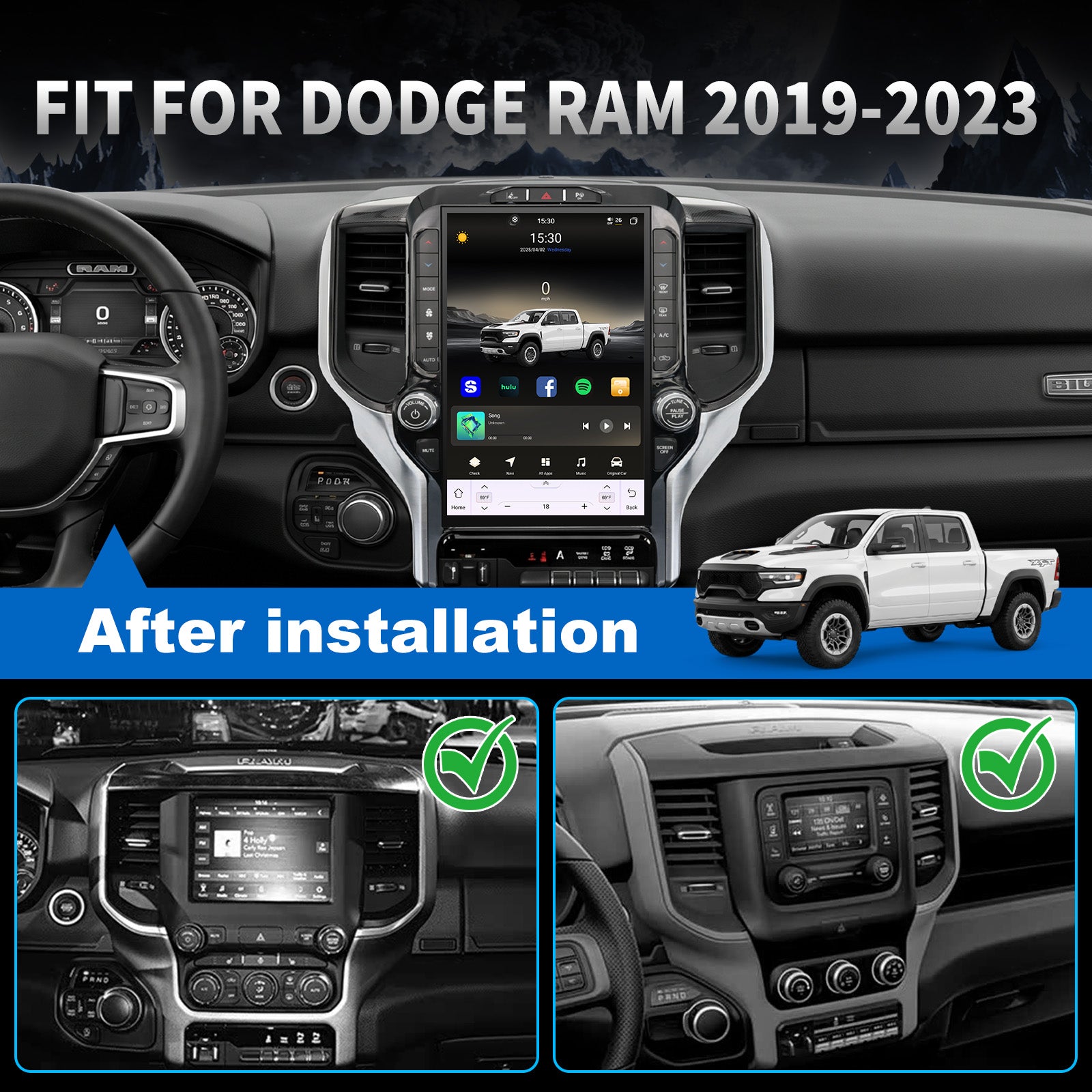 Dodge RAM 1500/2500/3500 Radio upgrade 2019-2023 CarPlay Stereo Screen - Topdisplay 2019 2020 2021 2022 2023 Replacement Headunit Apple Android Auto Accessories Pantalla Estéreo