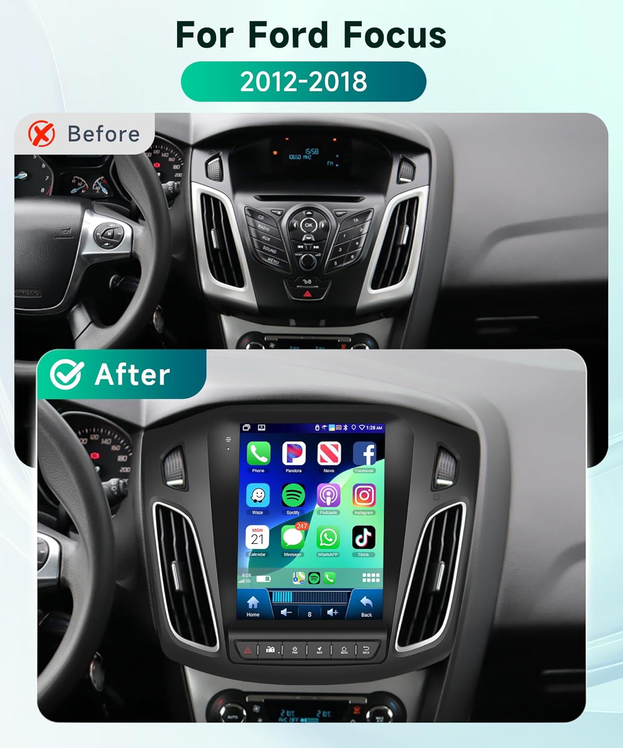 Ford Focus Radio upgrade 2012-2018 CarPlay Stereo Screen - Topdisplay 2012 2013 2014 2015 2016 2017 2018 Ford Replacement Headunit Apple Android Auto Accessories Pantalla Estéreo