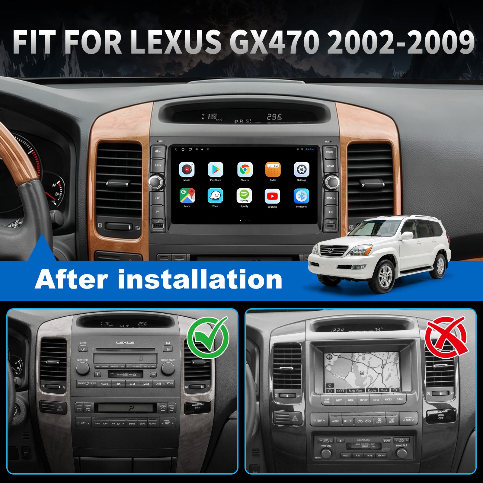 Ford Lexus GX470 Radio upgrade 2002-2009 CarPlay Stereo Screen - Topdisplay 2002 2003 2004 2005 2006 2007 2008 2009 Lexus Replacement Headunit Apple Android Auto Accessories Pantalla Estéreo