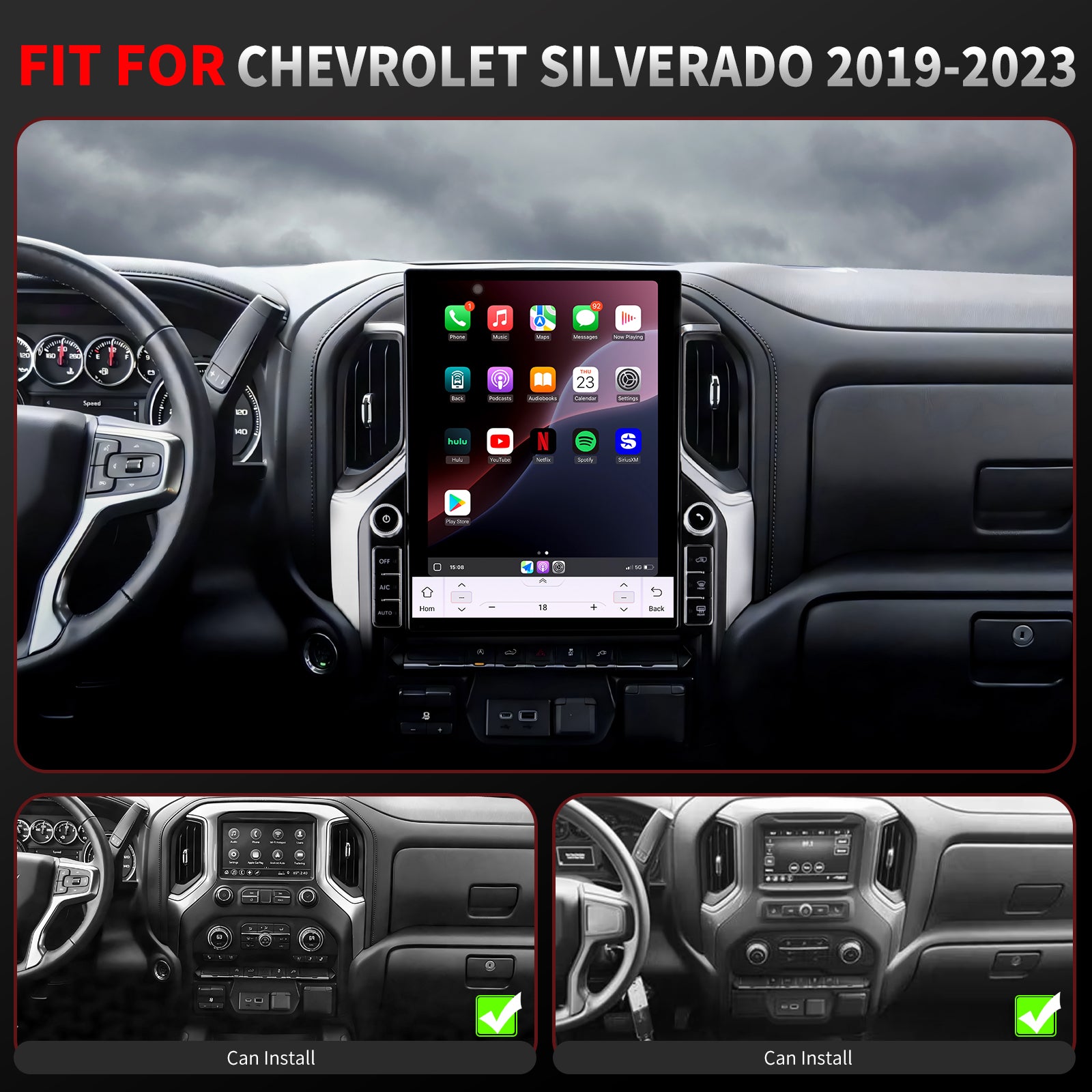 Chevy Silverado Radio upgrade 2019-2023 CarPlay Stereo Screen-Topdisplay 2019 2020 2021 2022 2023 Chevrolet Replacement Headunit Apple Android Auto Accessories Pantalla Estéreo 