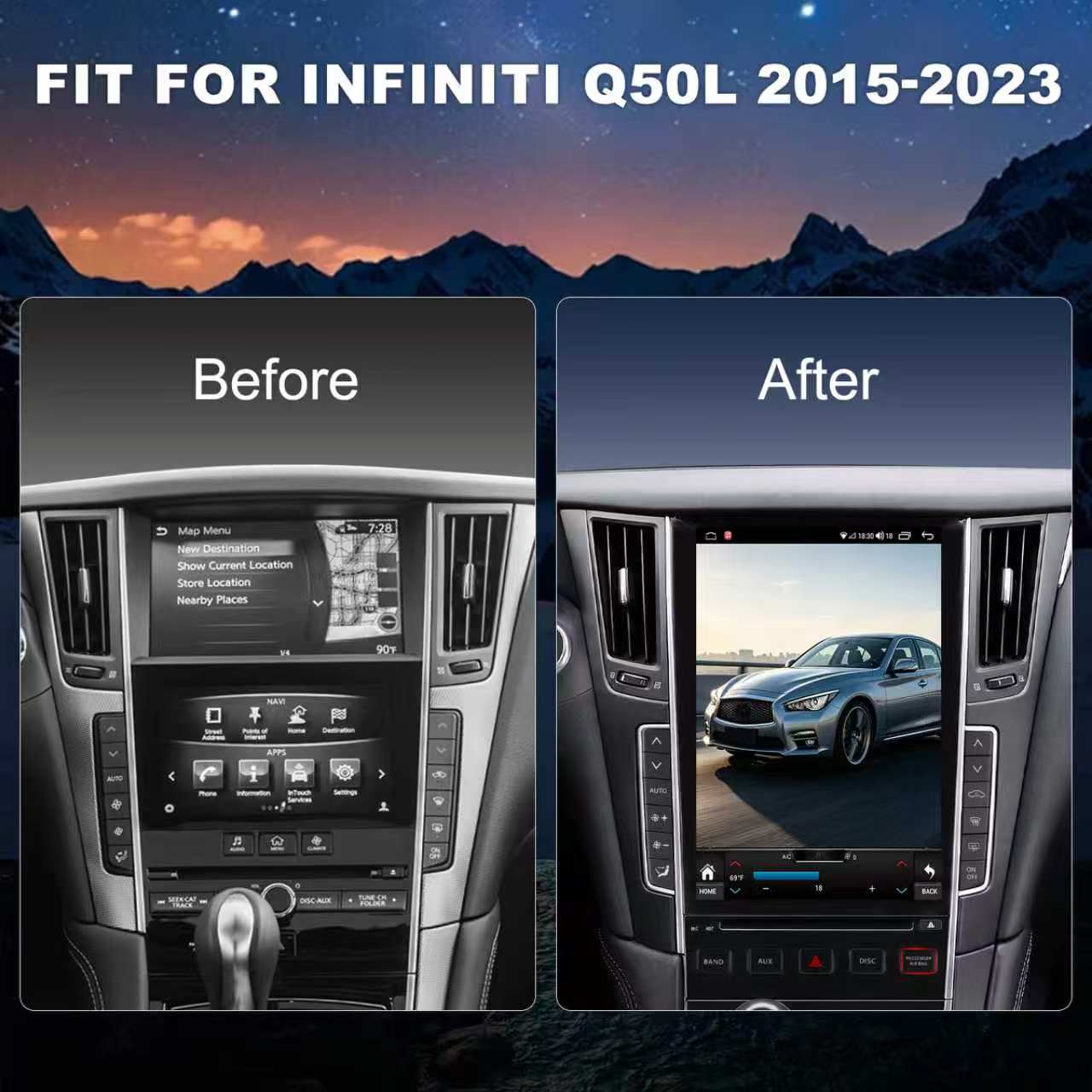 Infiniti Q50L Radio upgrade 2015-2023 CarPlay Stereo Screen-Topdisplay 2015 2016 2017 2018 2019 2020 2021 2022 2023 Infiniti Q50L Replacement Headunit Apple Android Auto Accessories Pantalla Estéreo