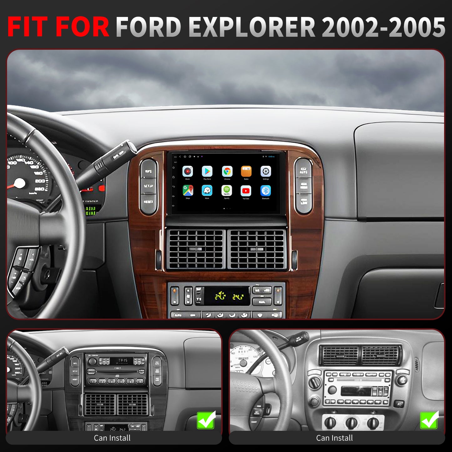For Ford Explorer 2002-2005 Radio upgrade,7-inch QLED 8-Core CPU,touch screen Stereo,Wireless CarPlay & Android Auto,Free camera