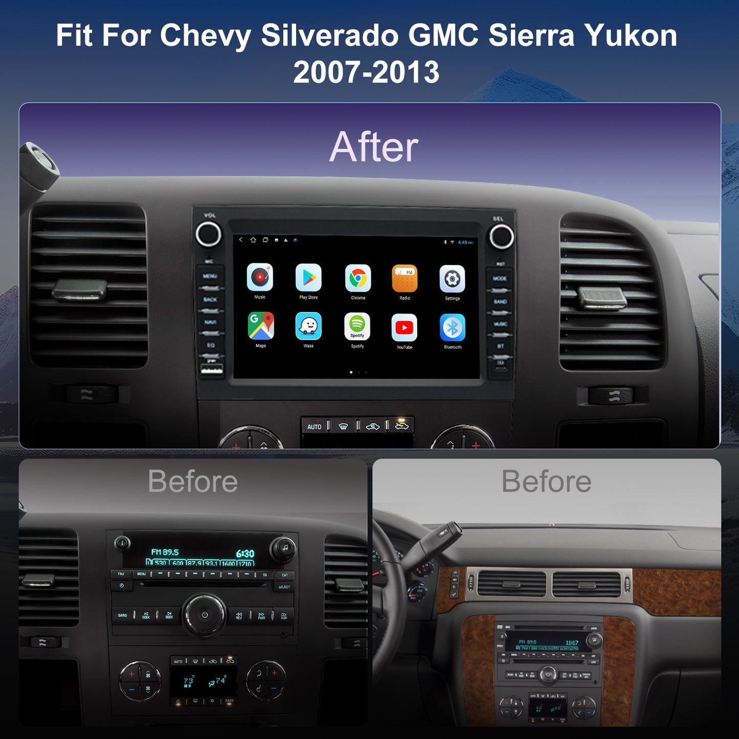 Chevy Silverado Radio upgrade 2007-2013 CarPlay Stereo Screen-Topdisplay 2007 2008 2009 2010 2011 2012 2013 Chevrolet Replacement Headunit Apple Android Auto Accessories Pantalla Estéreo