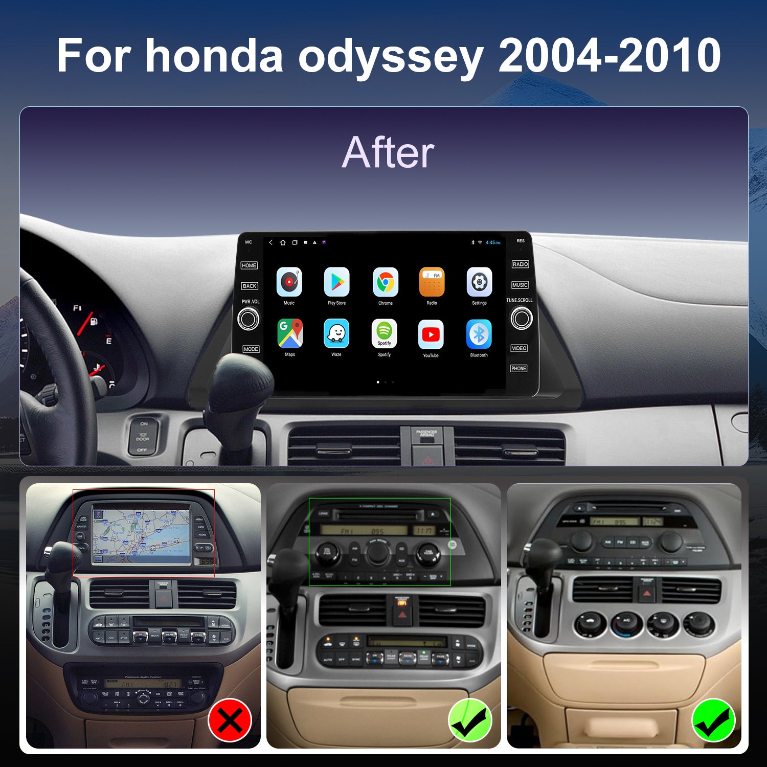Honda Odyssey Radio upgrade 2004-2010 CarPlay Stereo Screen-Topdisplay 2004 2005 2006 2007 2008 2009 2010 Replacement Headunit Apple Android Auto Accessories Pantalla Estéreo 