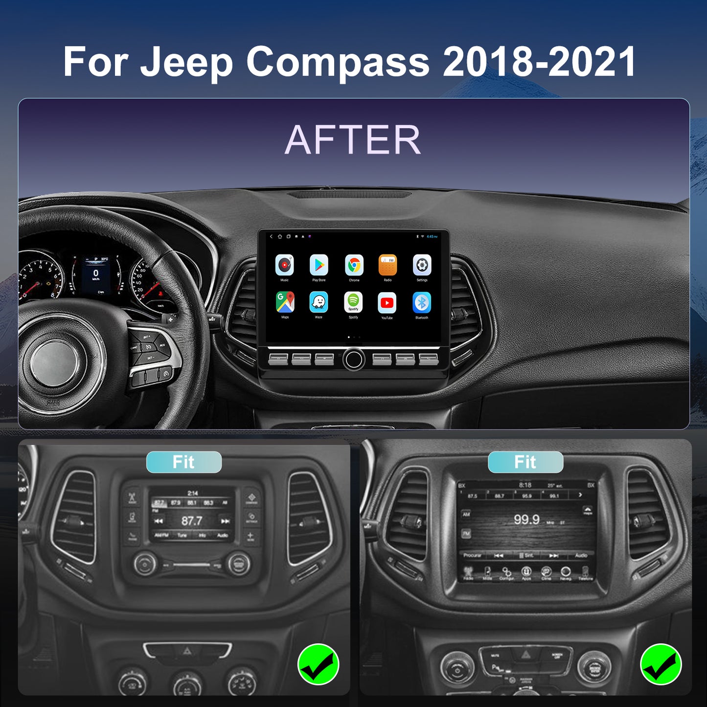 Jeep Compass Radio 2018-2021 Upgrade CarPlay Screen- 2018 2019 2020 2021 Topdisplay Upgrade Stereo Headunit Apple Carplay Android Auto Pantalla Estéreo