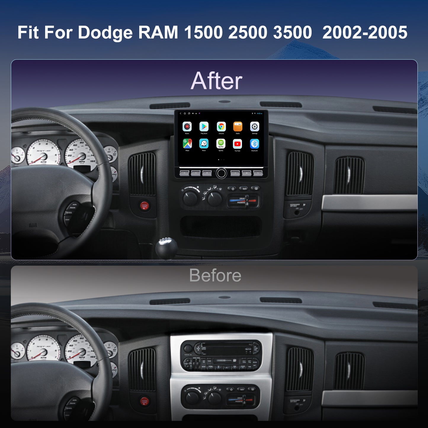 Dodge RAM Stereo replacement 2002-2005 CarPlay Radio Screen-Topdisplay 2002 2003 2004 2005 RAM Upgrade Headunit Apple Carplay Android Auto Accessories Pantalla Estéreo