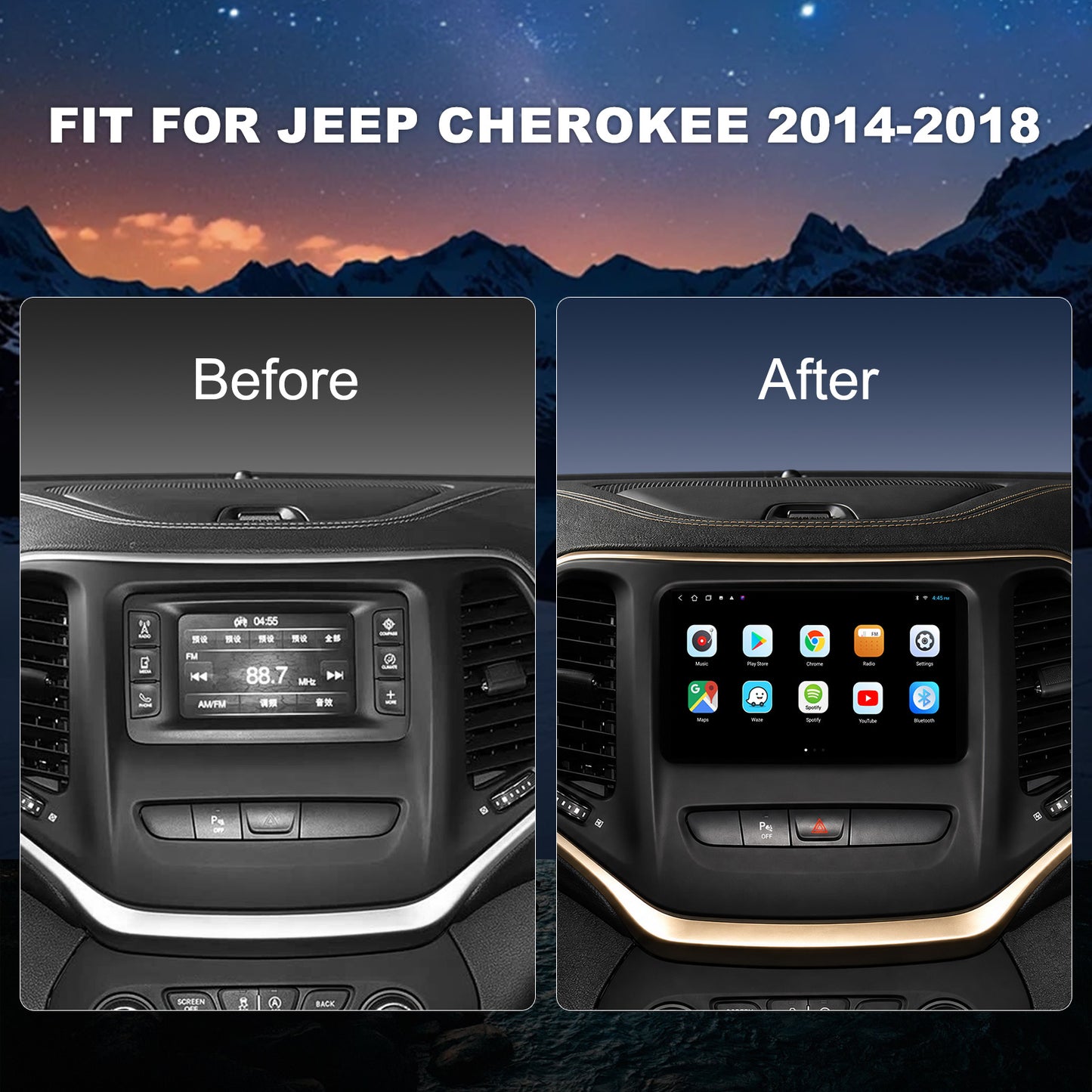 Jeep Cherokee radio 2014-2018 Upgrade CarPlay Headunit Screen - Jeep Cherokee Upgrade Stereo Apple Carplay Android Auto Pantalla Estéreo Replacement