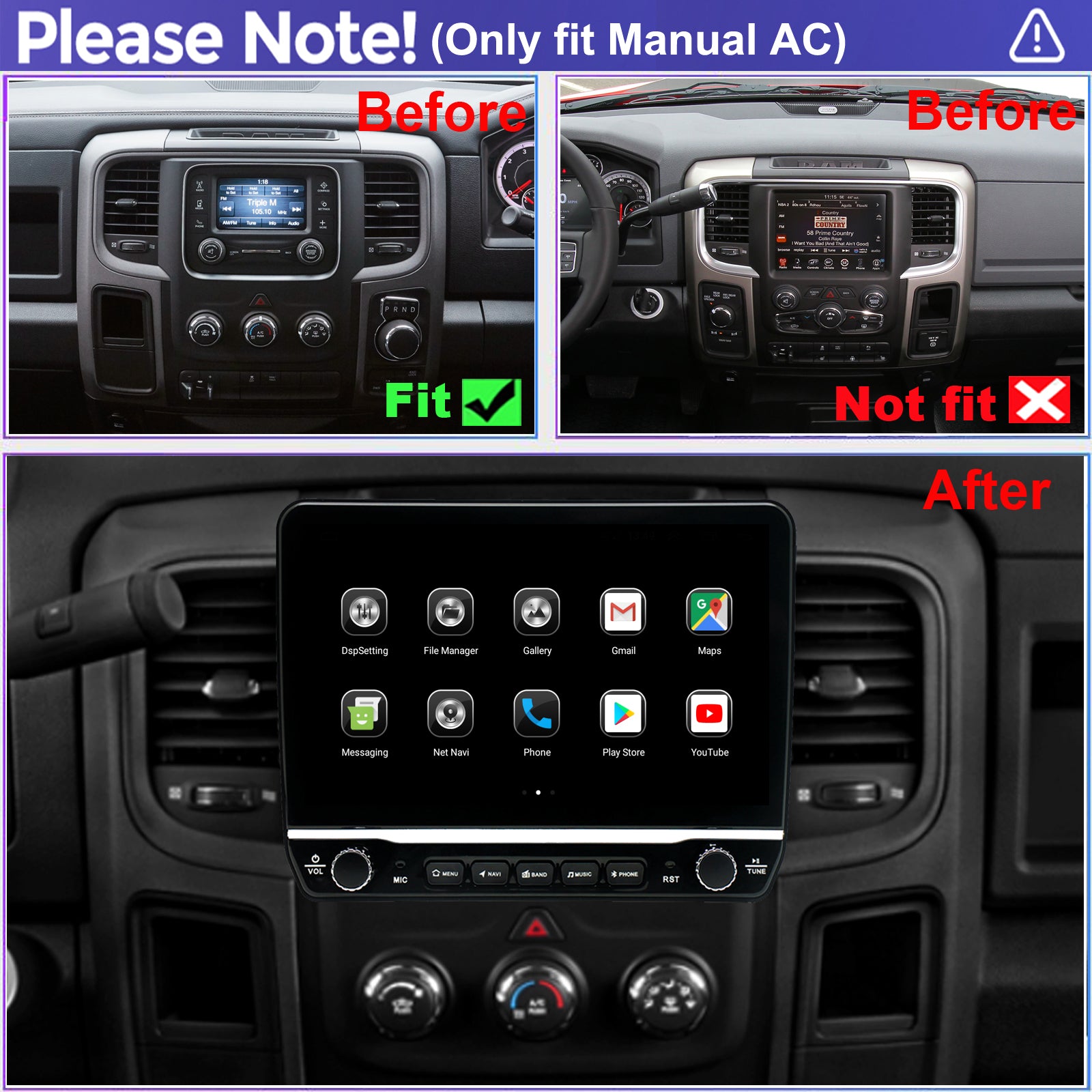 Dodge RAM 1500/2500/3500 Radio upgrade 2013-2018 CarPlay Stereo Screen - Topdisplay 2013 2014 2015 2016 2017 2018 Replacement Headunit Apple Android Auto Accessories Pantalla Estéreo
