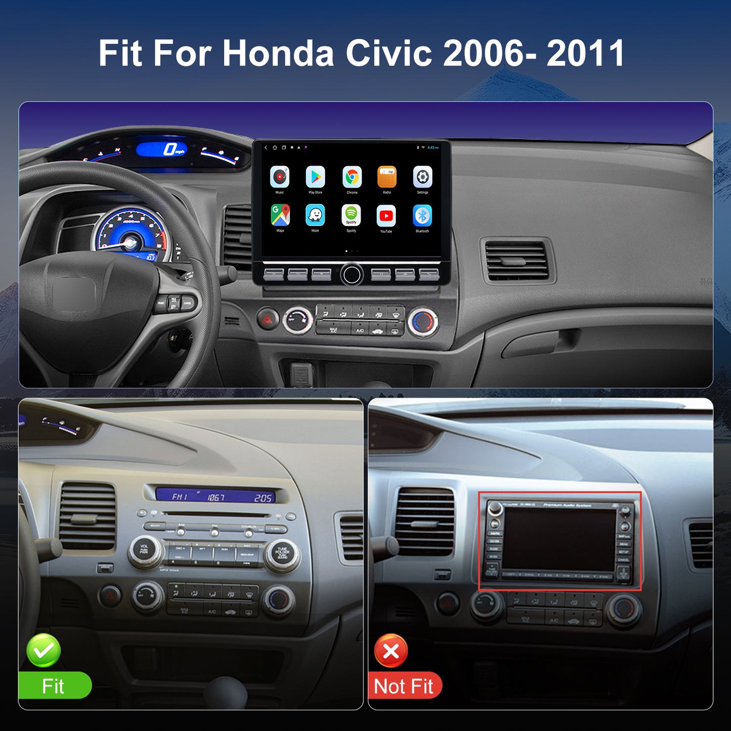 Honda Civic Radio upgrade 2006-2011 CarPlay Stereo Screen - Topdisplay 2006 2007 2008 2009 2010 2011 Replacement Headunit Apple Android Auto Accessories Pantalla Estéreo