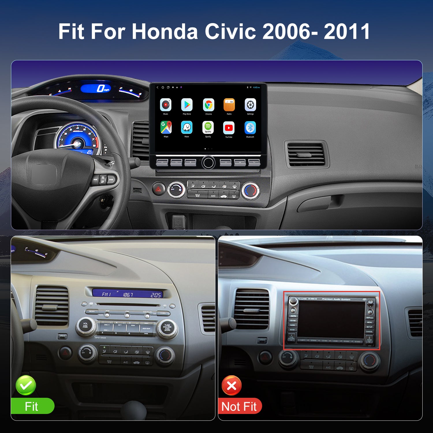 Honda Civic Radio upgrade 2006-2011 CarPlay Stereo Screen - Topdisplay 2006 2007 2008 2009 2010 2011 Replacement Headunit Apple Android Auto Accessories Pantalla Estéreo