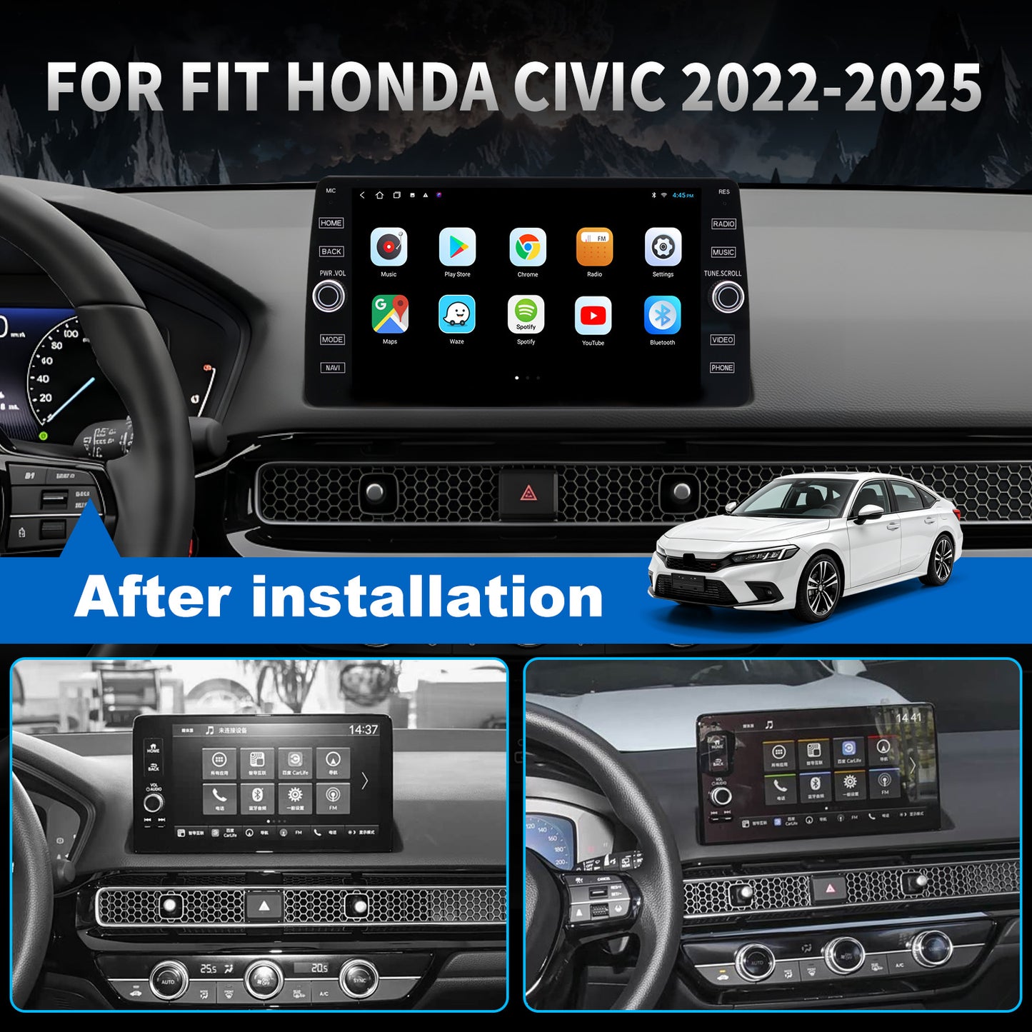 Honda Civic Radio upgrade 2022-2025 CarPlay Stereo Screen - Topdisplay 2022 2023 2024 2025 Replacement Headunit Apple Android Auto Accessories Pantalla Estéreo