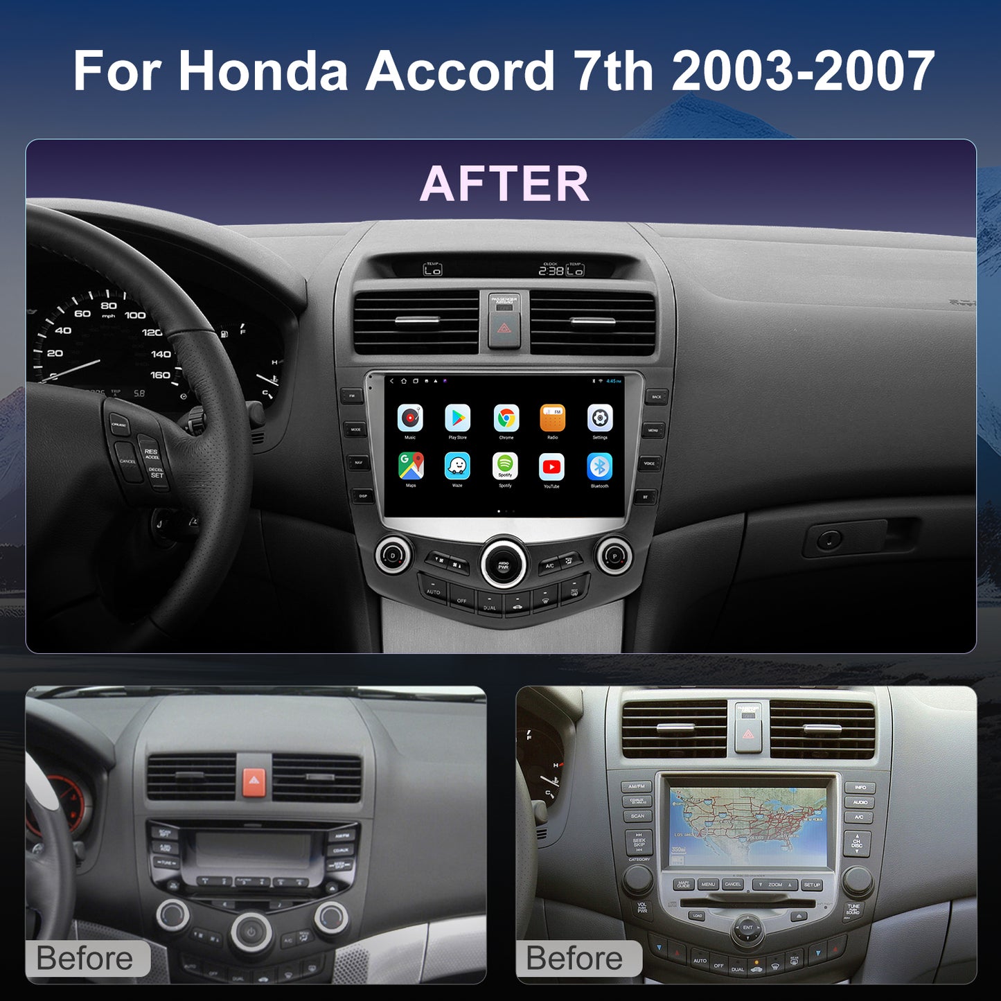 Honda Accord 7th Gen Radio upgrade 2003-2007 CarPlay Stereo Screen - Topdisplay 2003 2004 2005 2006 2007 Replacement Headunit Apple Android Auto Accessories Pantalla Estéreo