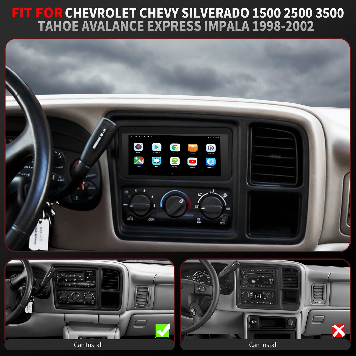 For Chevrolet Chevy Silverado 1500/2500/3500 1998-2002 Radio upgrade,6.8-inch QLED  8-Core CPU,touch screen Stereo,Wireless CarPlay & Android Auto,keep OEM Controls