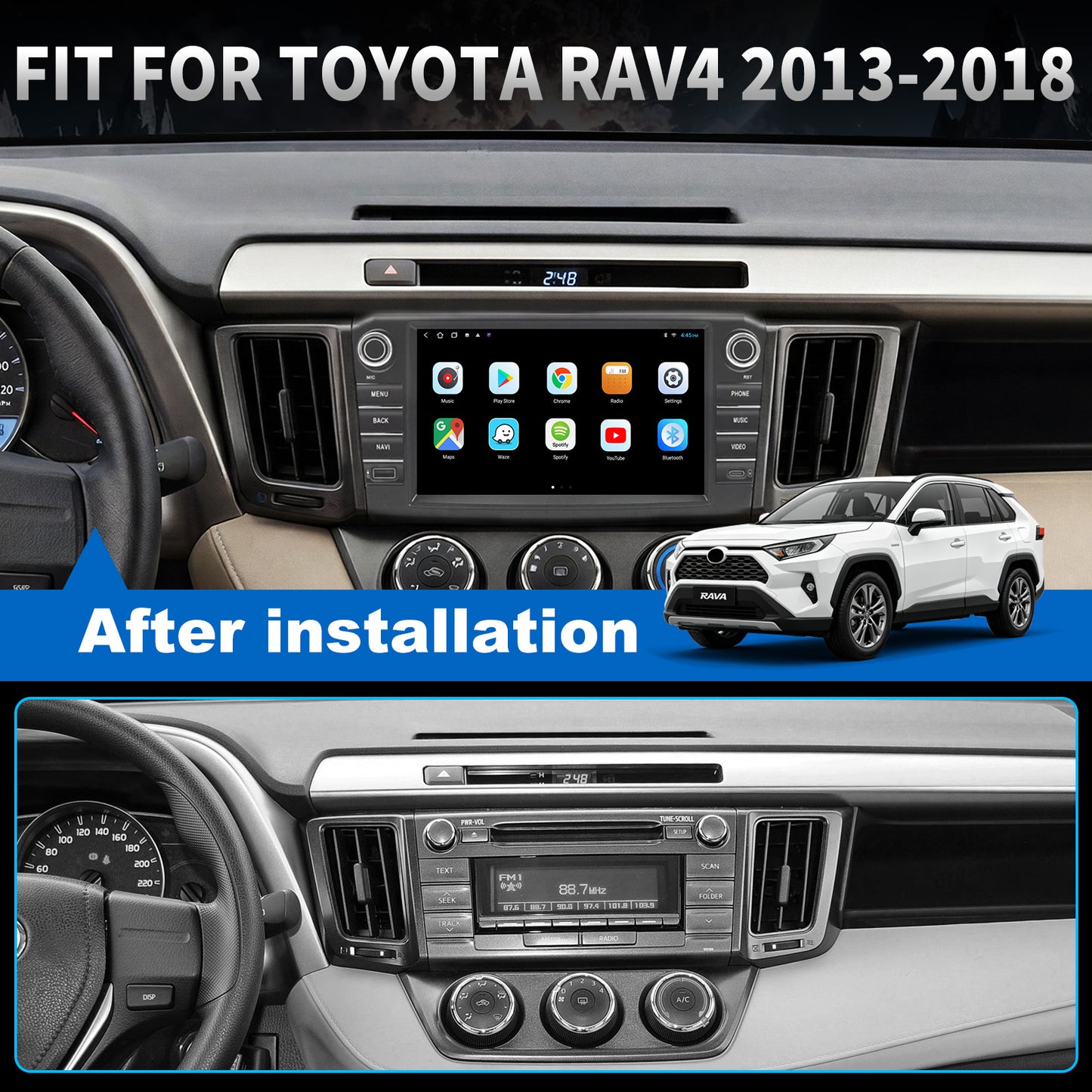 Toyota RAV4 radio 2013-2018 Upgrade CarPlay Screen- Topdisplay  2013 2014 2015 2016 2017 2018 Toyota RAV4 Upgrade Stereo Headunit Apple Carplay Android Auto Pantalla Estéreo