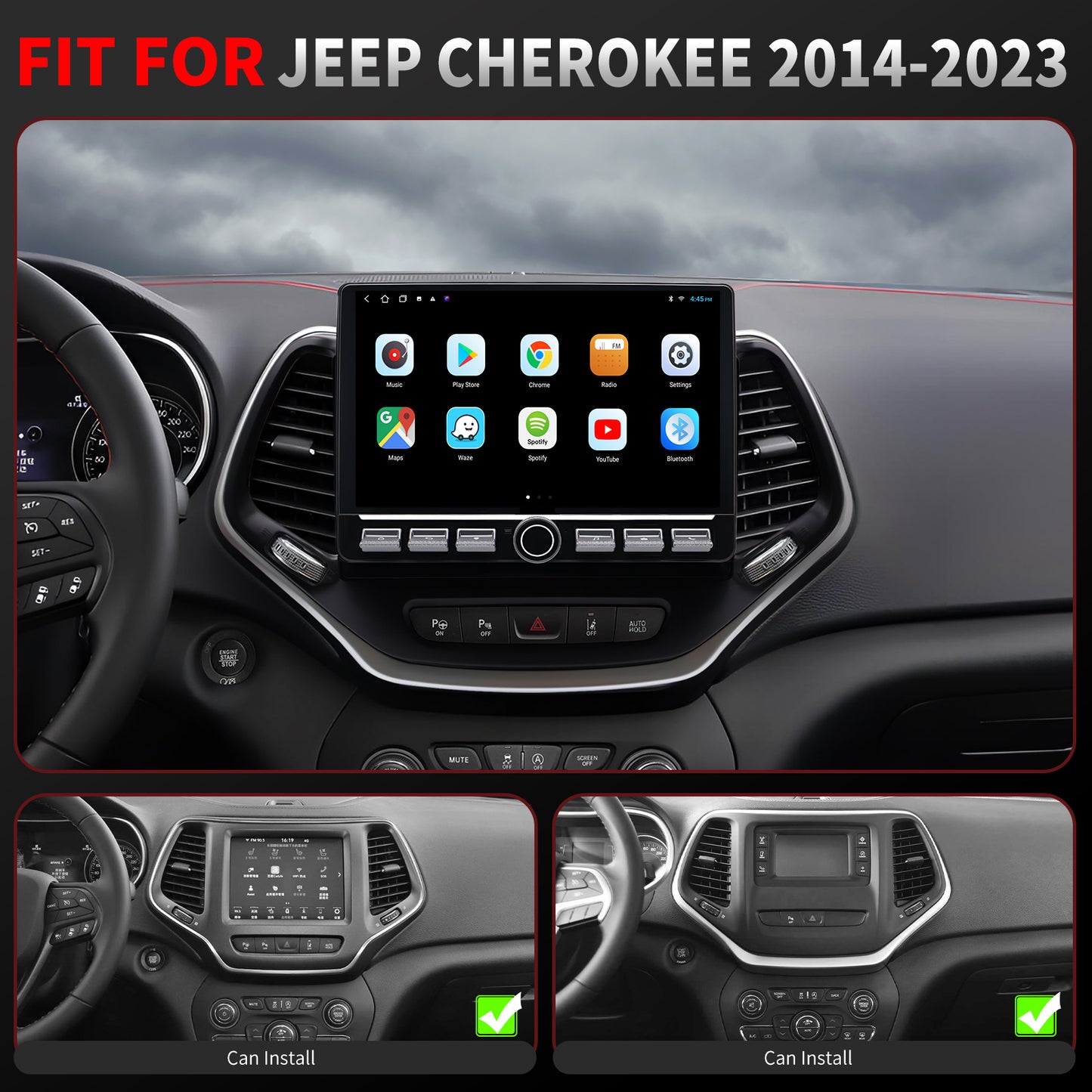 For Jeep Cherokee 2014-2023 Radio upgrade,10.1-inch QLED 8-Core CPU,touch screen Stereo,Wireless CarPlay & Android Auto,keep OEM Controls