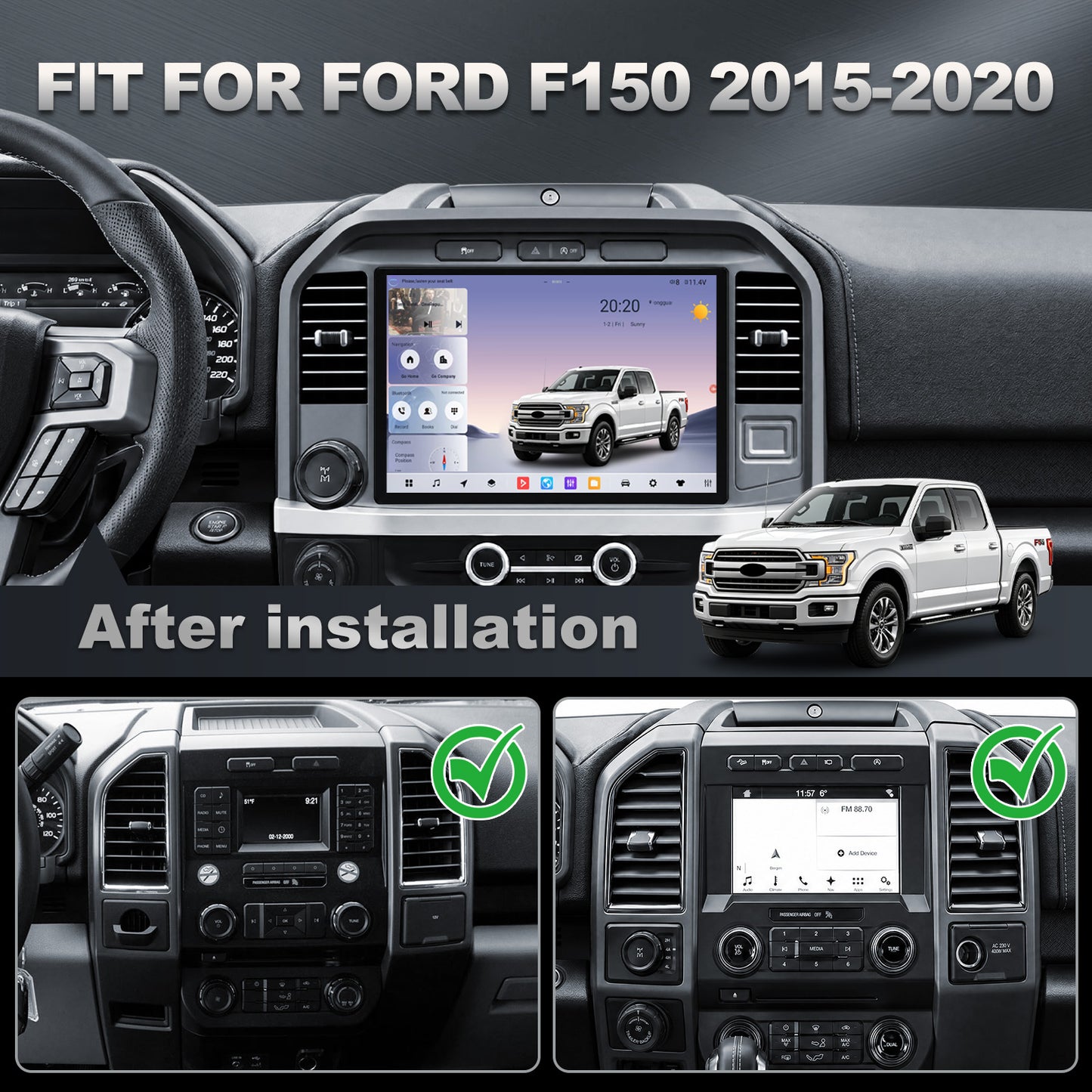 Ford F150 Stereo replacement 2015-2020 CarPlay Radio Screen-Topdisplay 2015 2016 2017 2018 2019 2020 F150 Upgrade Headunit Apple Carplay Android Auto Accessories Pantalla Estéreo