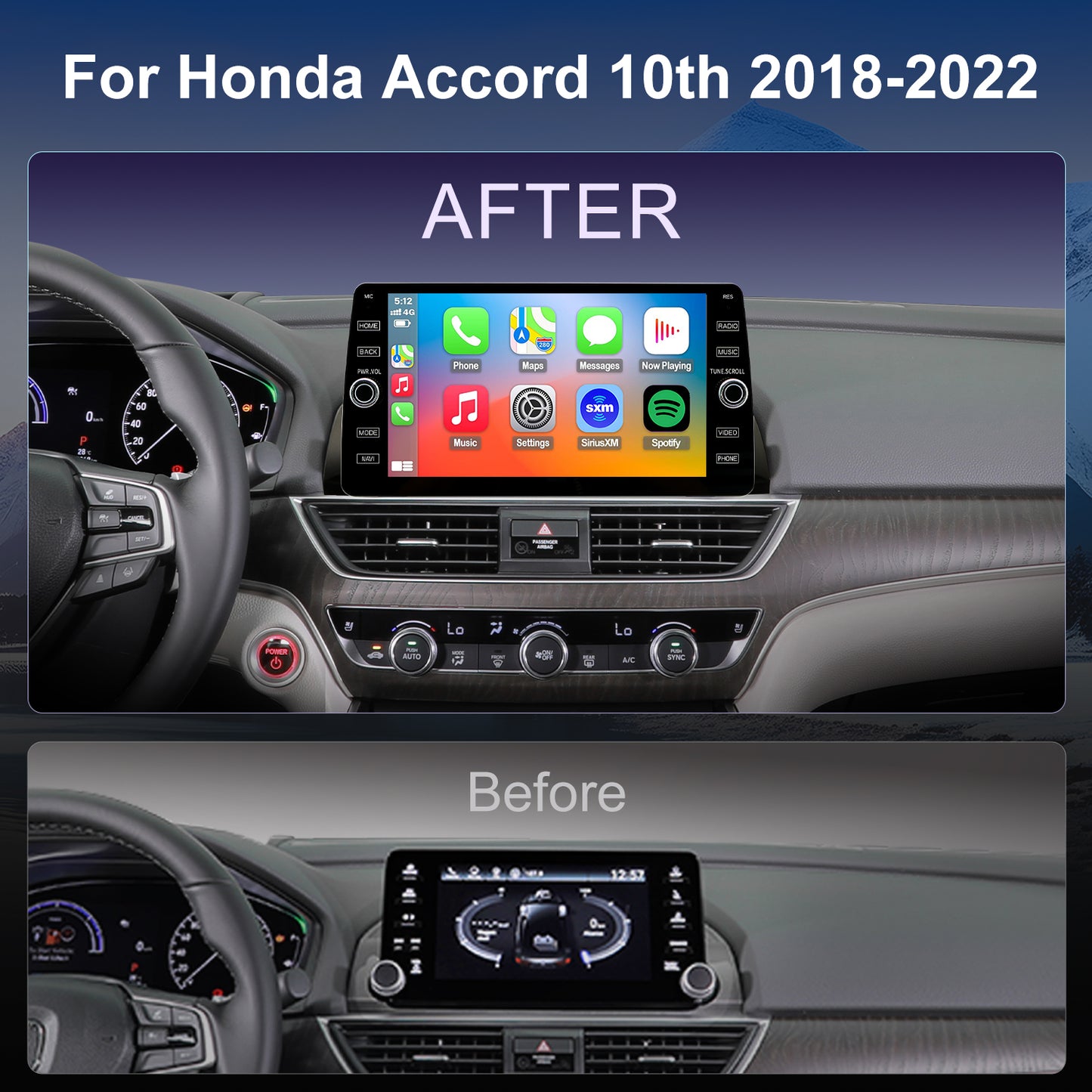 Honda Accord 10th Gen Radio upgrade 2018-2022 CarPlay Stereo Screen-Topdisplay 2018 2019 2020 2021 2022 Replacement Headunit Apple Android Auto Accessories Pantalla Estéreo