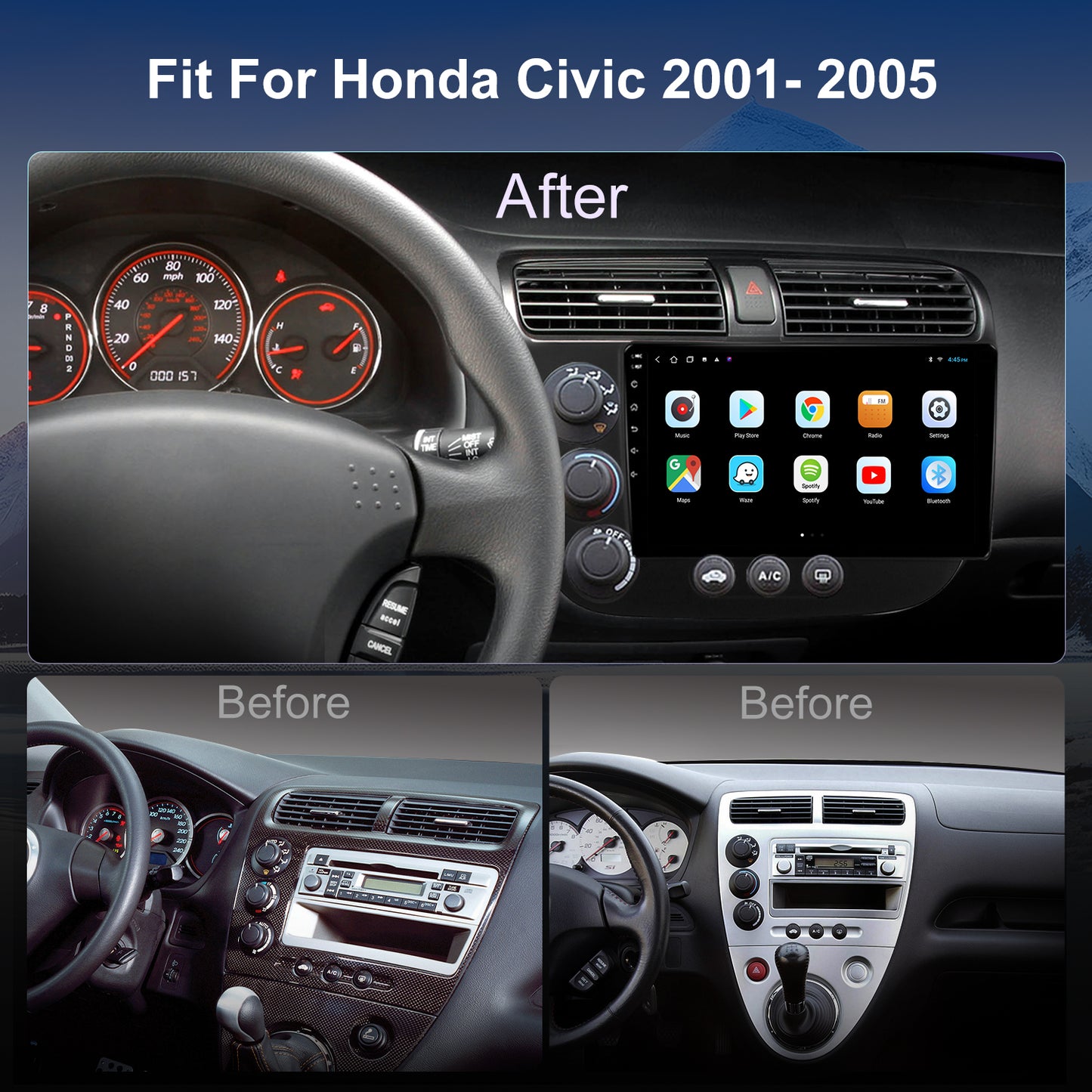 Honda Civic Radio upgrade 2001-2005 CarPlay Stereo Screen - Topdisplay 2001 2002 2003 2004 2005 Replacement Headunit Apple Android Auto Accessories Pantalla Estéreo 