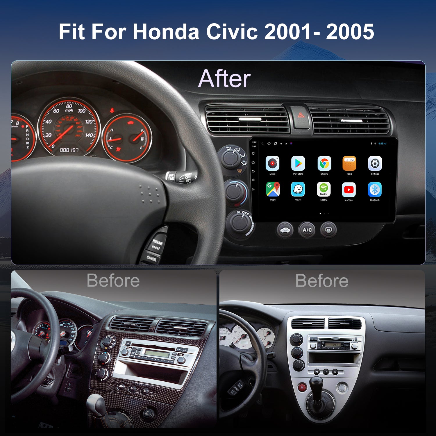 Honda Civic Radio upgrade 2001-2005 CarPlay Stereo Screen - Topdisplay 2001 2002 2003 2004 2005 Replacement Headunit Apple Android Auto Accessories Pantalla Estéreo 