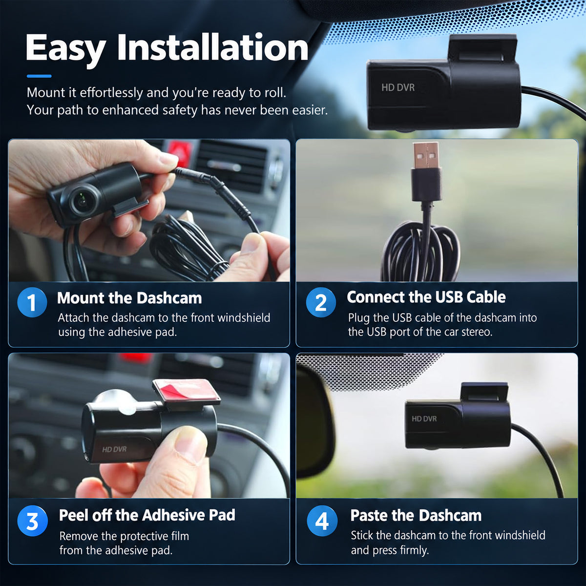 Topdisplay Front Dash Camera for All Android Car Stereos, USB-Powered DVR with Loop Recording, 270° Rotatable Mount