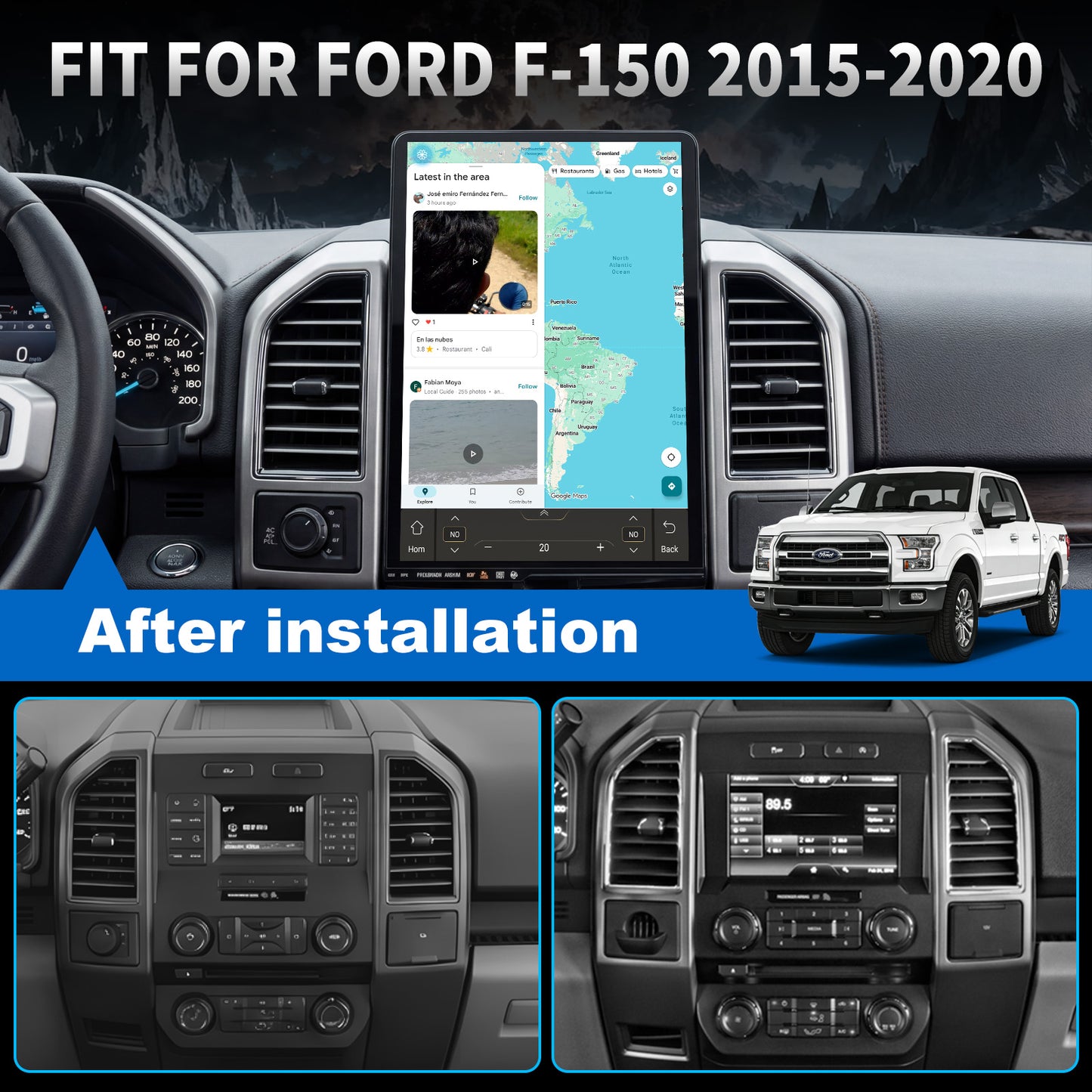 Bigger Screen For Ford F150 2015-2020 Radio upgrade, 15.6-inch QLED 8-Core CPU, touch screen Stereo, Wireless CarPlay & Android Auto, keep OEM Controls