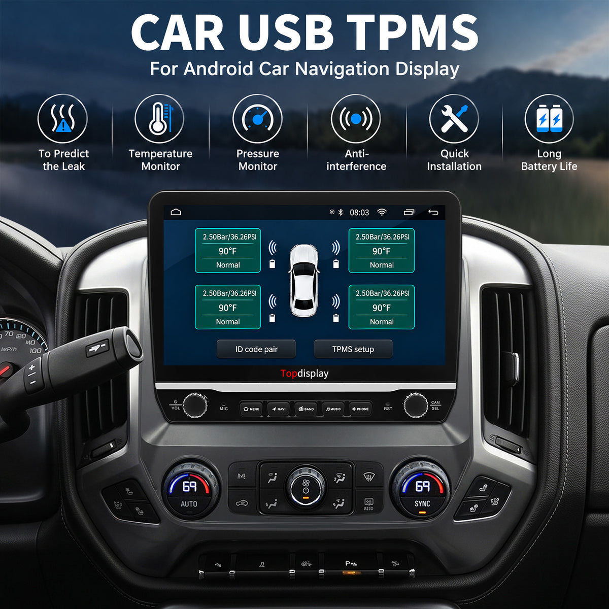 Topdisplay TM2 TPMS Set of 4 Sensors, Tire Pressure Display via Built-in Head Unit App, Restore Factory-Style Monitoring