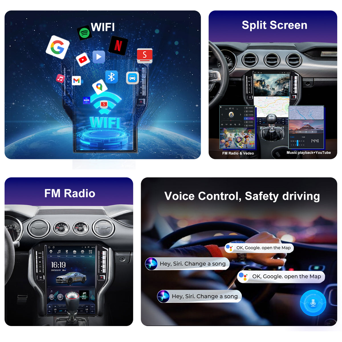 For Ford Mustang 2015-2023 Radio upgrade,14.5-inch QLED 8-Core CPU,touch screen Stereo,Wireless CarPlay & Android Auto,keep OEM Controls