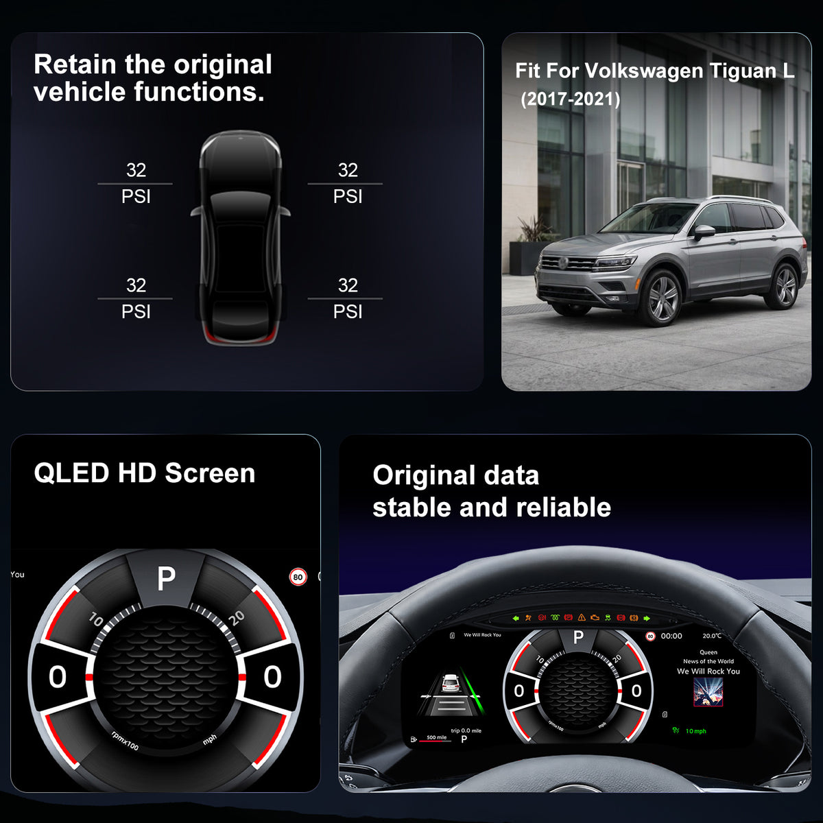For Volkswagen Tiguan L 2017-2021 Digital Instrument Cluster, 12.3-inch QLED Screen, Multiple UI, Wireless CarPlay, Direct OEM Replacement
