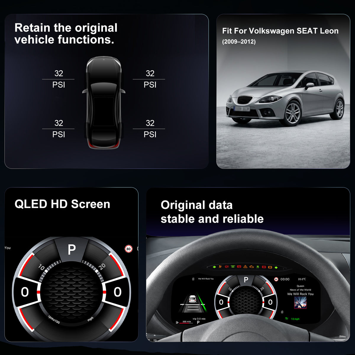 For Volkswagen SEAT Leon 2009-2012 Digital Instrument Cluster, 12.3-inch QLED Screen, Multiple UI, Wireless CarPlay, Direct OEM Replacement