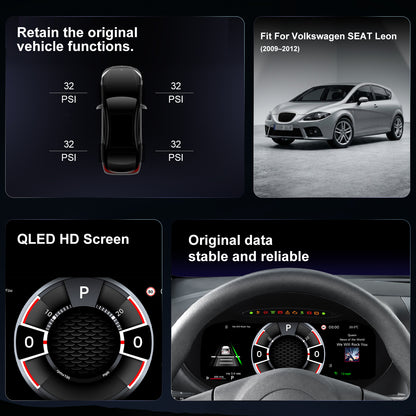 For Volkswagen SEAT Leon 2009-2012 Digital Instrument Cluster, 12.3-inch QLED Screen, Multiple UI, Wireless CarPlay, Direct OEM Replacement