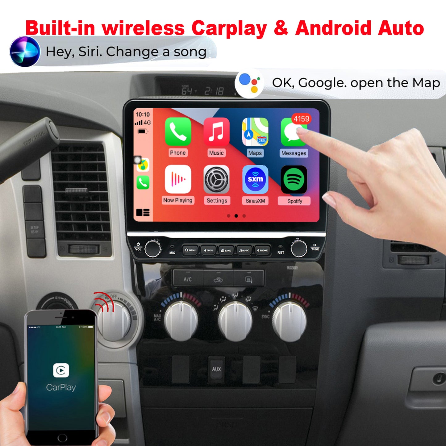 For Toyota Tundra 2007-2013 Radio upgrade,10.1-inch QLED 8-Core CPU,touch screen Stereo,Wireless CarPlay & Android Auto,keep OEM Controls
