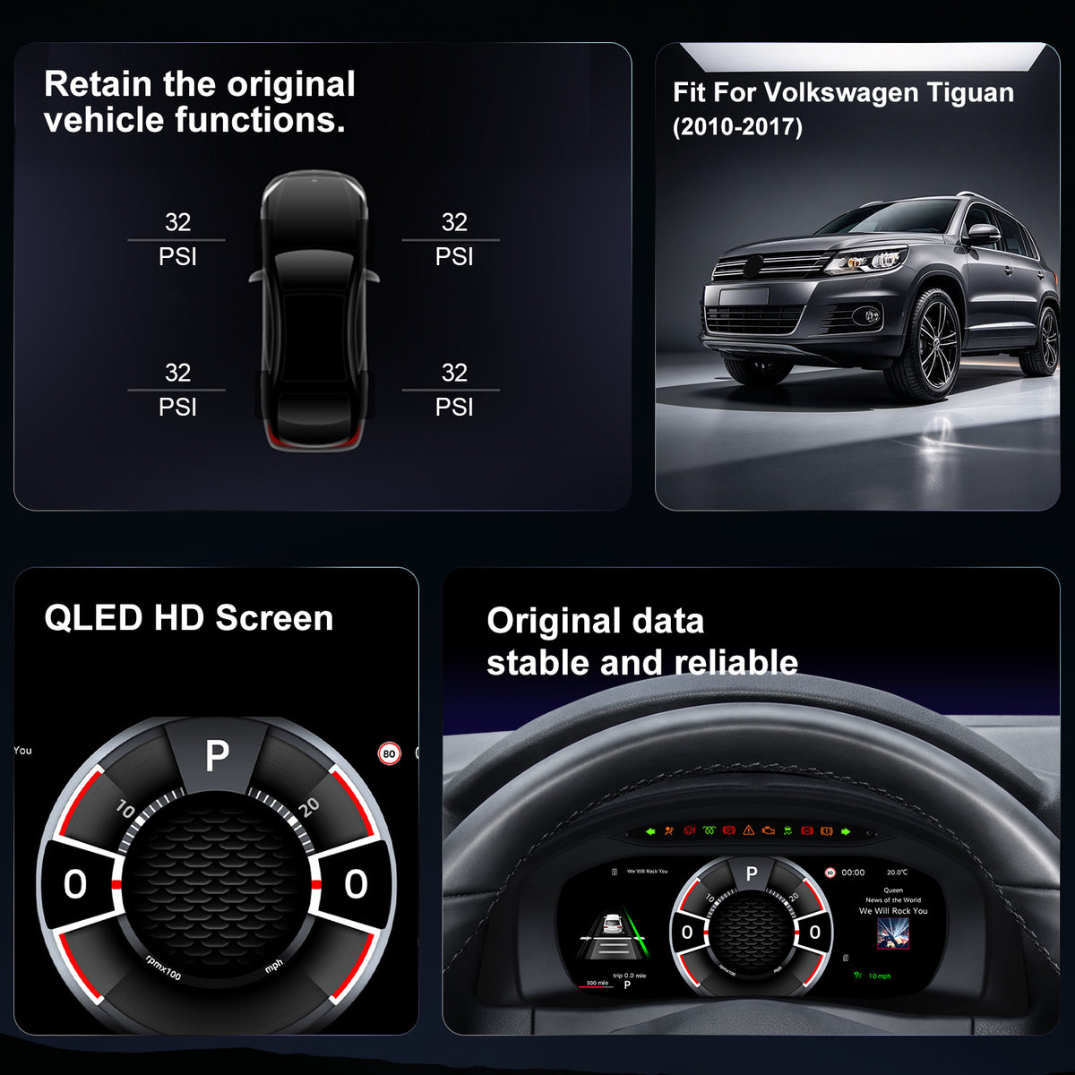 For Volkswagen Tiguan 2010-2017 Digital Instrument Cluster, 10.25-inch QLED Screen, Multiple UI, Wireless CarPlay, Direct OEM Replacement