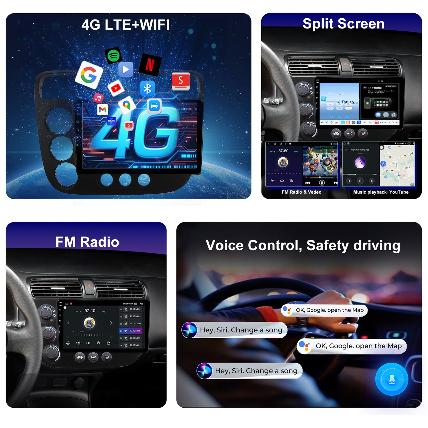 Honda Civic Radio upgrade 2001-2005 CarPlay Stereo Screen - Topdisplay 2001 2002 2003 2004 2005 Replacement Headunit Apple Android Auto Accessories Pantalla Estéreo 