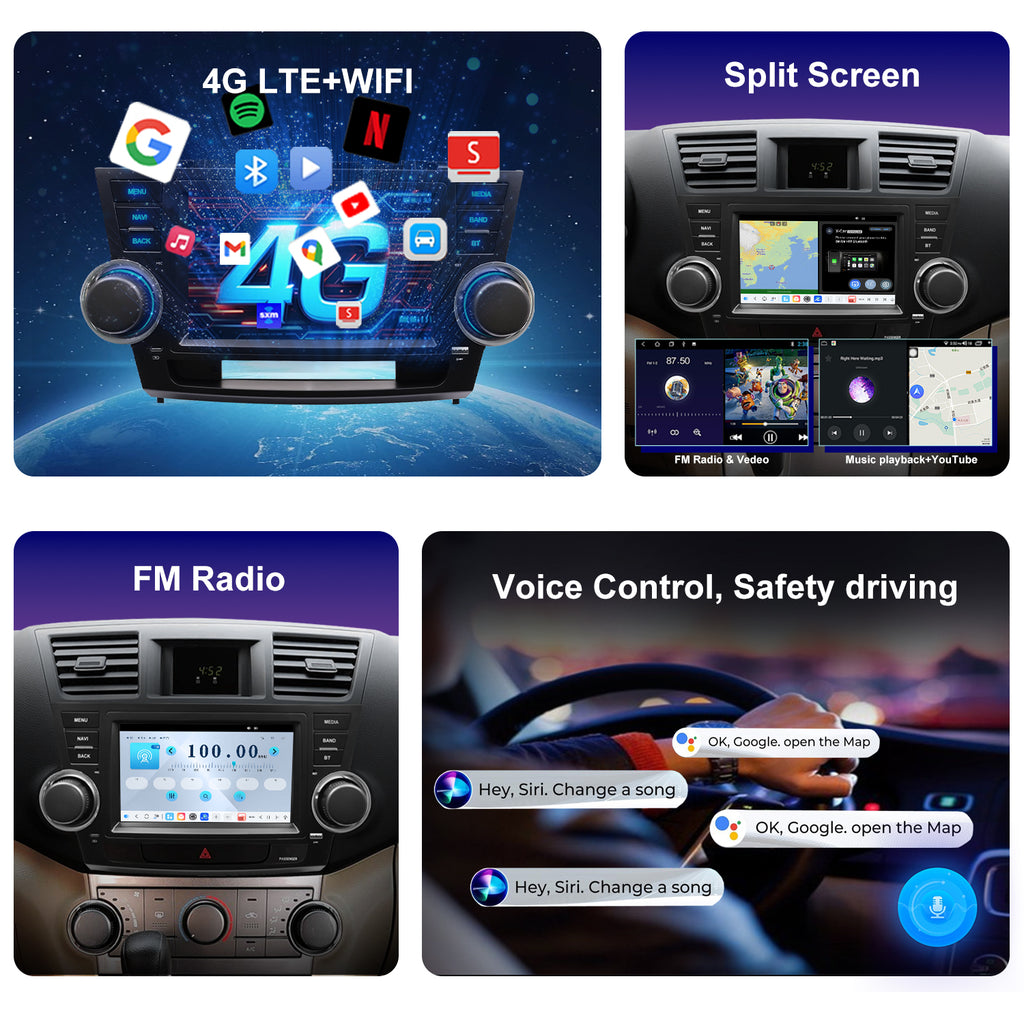 For Toyota Highlander 2008-2013 Radio upgrade,9-inch QLED 8-Core CPU,touch screen Stereo,Wireless CarPlay & Android Auto,keep OEM Controls